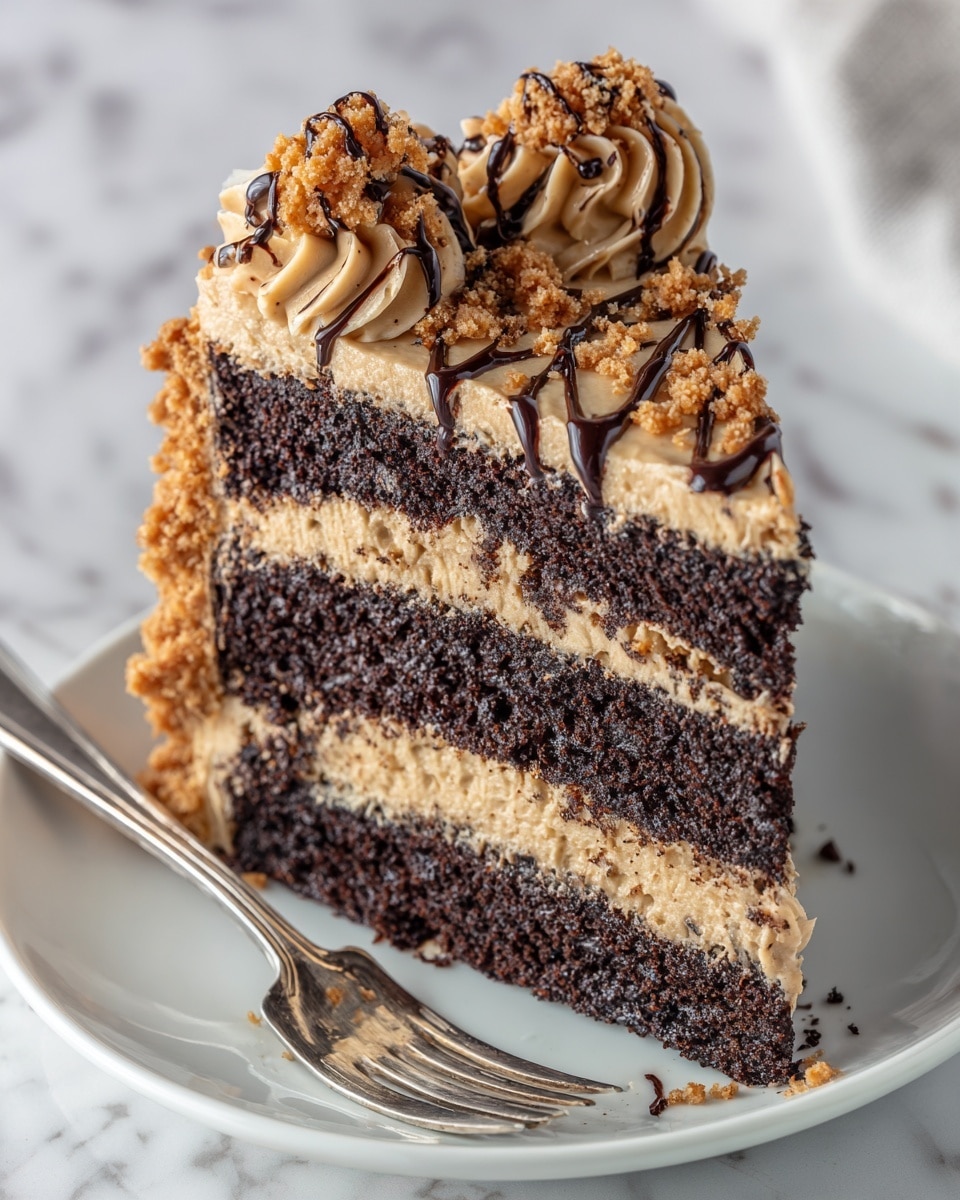 A close-up of a three-layer chocolate cake with light brown creamy frosting between each dark chocolate sponge layer and covering the outside. The top is decorated with swirled frosting, small pieces of light brown crumbly topping, and dark chocolate drizzle. The cake slice sits on a white plate with crumbs scattered around and a metal fork placed beside it. The background shows a white marbled texture. Photo taken with an iphone --ar 4:5 --v 7