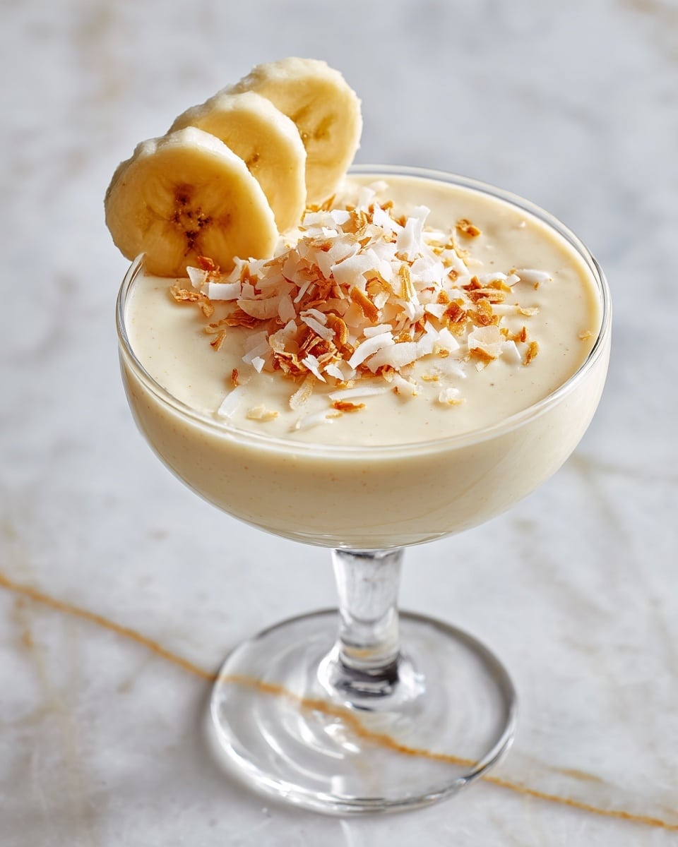 A creamy, light beige smoothie fills a clear coupe glass with a frothy, smooth texture on top. It is topped with a small pile of white shredded coconut mixed with slightly toasted coconut flakes in the middle and a light yellow banana slice placed upright on the rim. The glass sits on a white marbled surface with thin gold lines running through it, and soft shadows gently frame the base of the glass. photo taken with an iphone --ar 4:5 --v 7