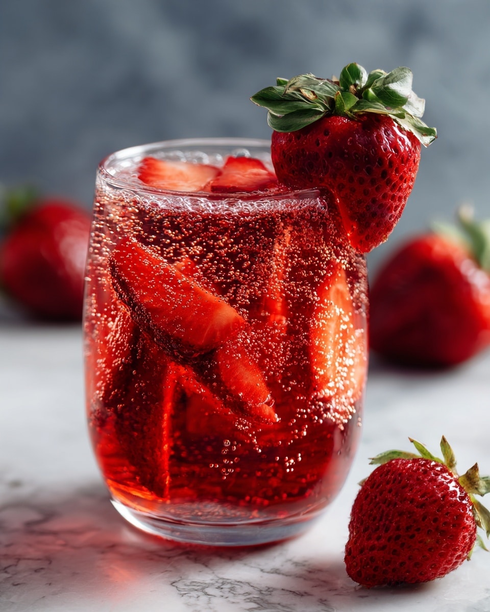 A clear glass filled with a sparkling red drink that has many small bubbles inside. The drink contains several strawberry slices submerged in the liquid, showing their bright red color and textured seeds. On top of the glass, a whole strawberry with green leaves is placed partly inside the drink, adding a fresh and vibrant touch. There is also a whole strawberry with green leaves resting next to the glass on a white marbled surface. The background is blurred, making the glass and strawberries the main focus. Photo taken with an iphone --ar 4:5 --v 7