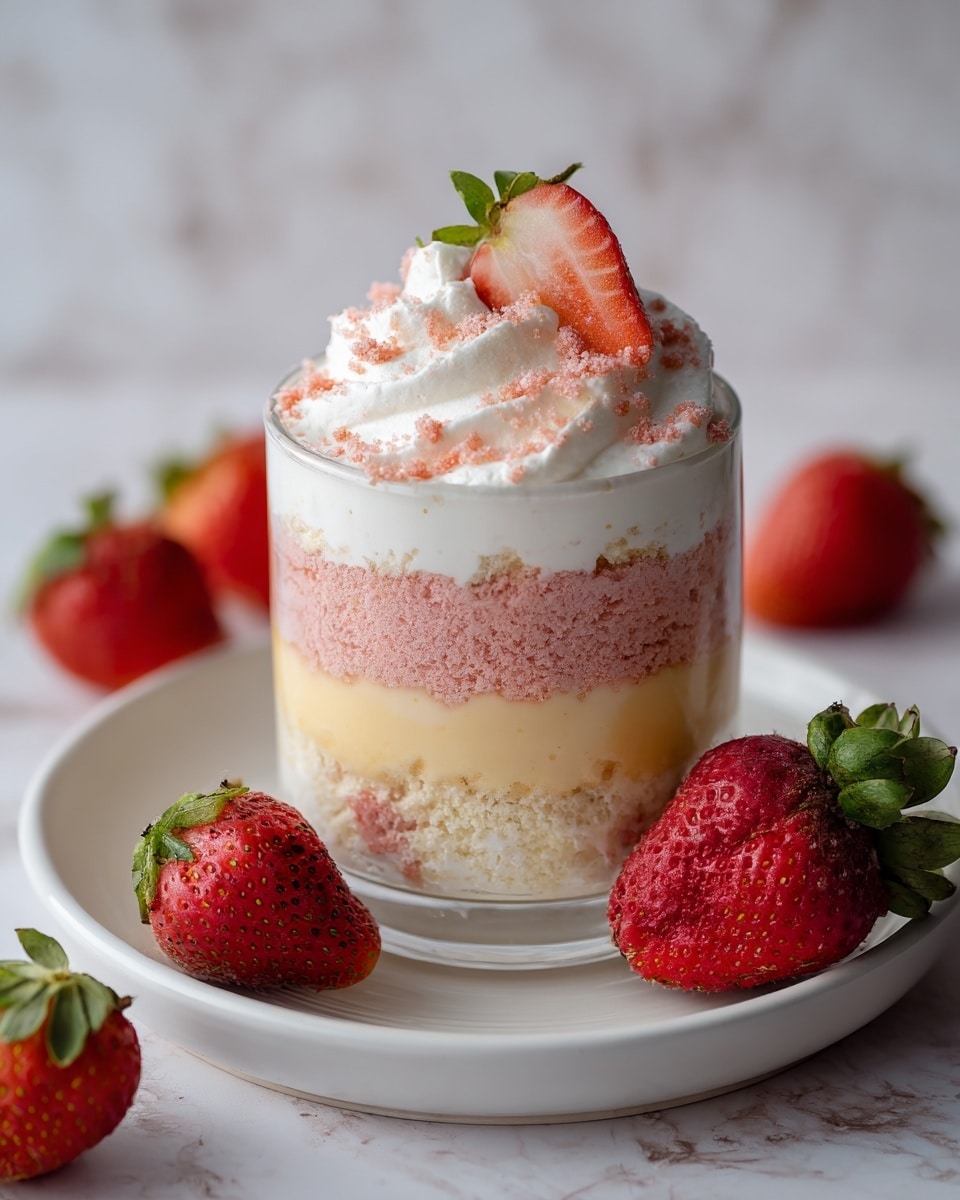 The image shows clear cups filled with a layered dessert placed in a round white bowl. Each cup has three main layers: a bottom pale yellow creamy layer, a middle crumbly pinkish-red layer, and a top white whipped cream layer sprinkled with more of the crumbly pink topping. A small green-capped red strawberry slice is placed on the edge of the whipped cream in each cup. Whole strawberries with green leaves are placed around the cups inside the bowl, all set on a white marbled surface. Photo taken with an iphone --ar 4:5 --v 7