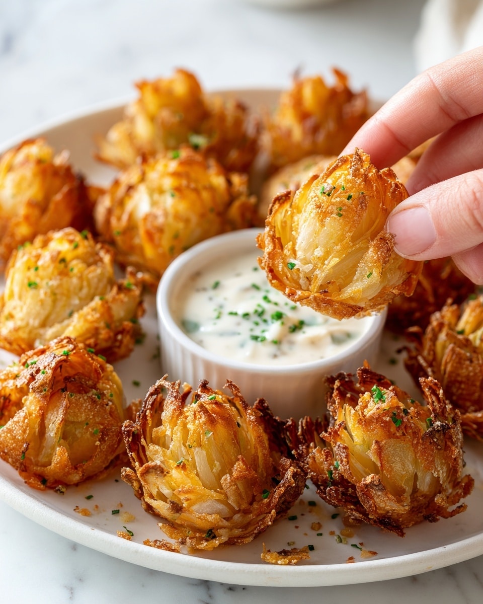 The image shows a round white plate filled with crispy mini blooming onions that are golden brown and have a delicate, crunchy texture with thin, curly layers fanning out like petals. In the center of the plate, there is a small white bowl filled with creamy, white dipping sauce lightly sprinkled with green herbs. A woman's hand is reaching toward one of the onions, about to dip it into the sauce. The plate rests on a white marbled surface. The lighting is bright and natural, highlighting the crispy edges and creamy sauce. photo taken with an iphone --ar 4:5 --v 7