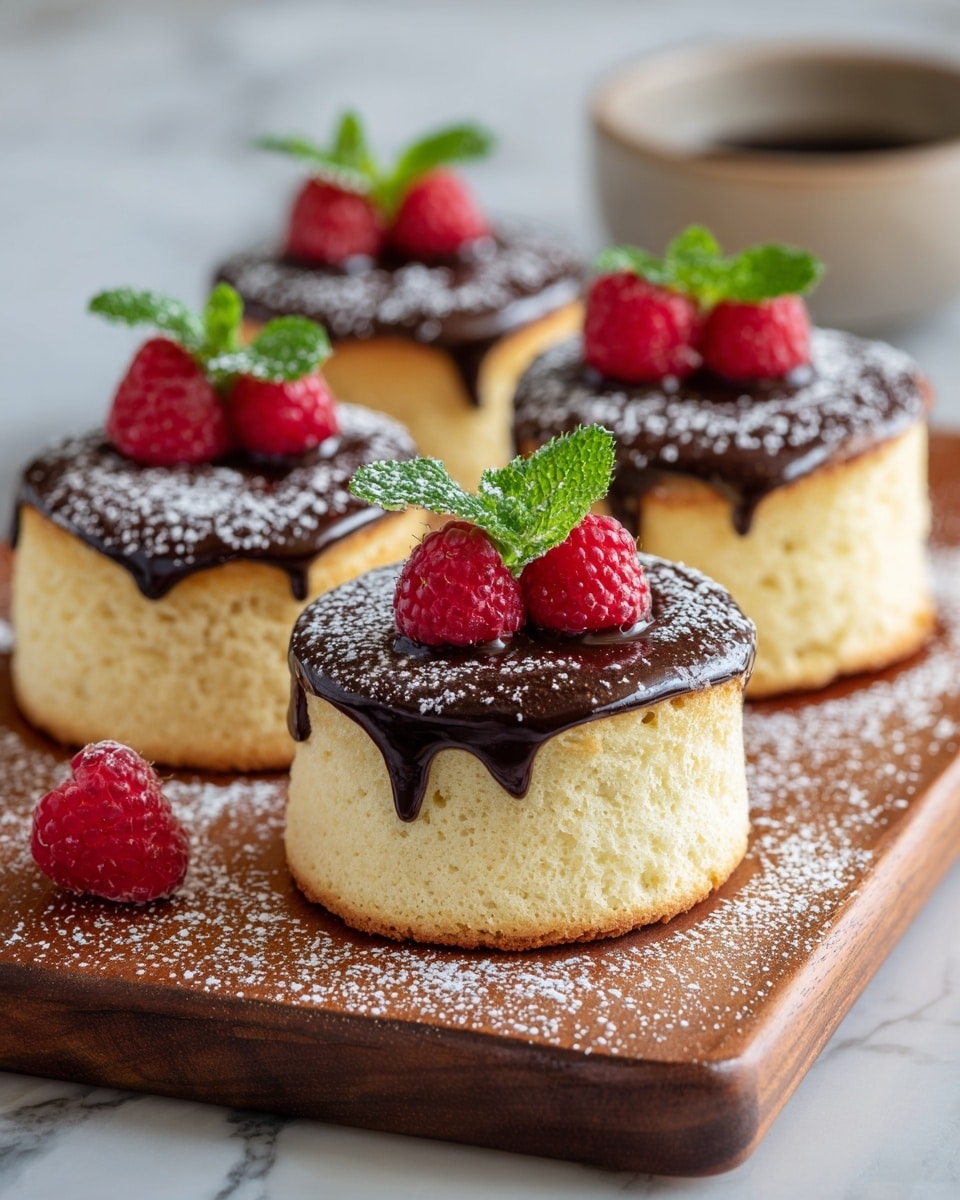 The image shows four tall, fluffy light yellow soufflés with a smooth texture on a wooden board. Each soufflé has a thin, golden-brown top layer dusted with white powdered sugar. On top of each soufflé, there is a glossy dark chocolate sauce layer, decorated with two bright red raspberries and fresh green mint leaves. Around the soufflés, a few raspberries are scattered on the board, and the background is softly blurred with a white marbled texture beneath the board. photo taken with an iphone --ar 4:5 --v 7