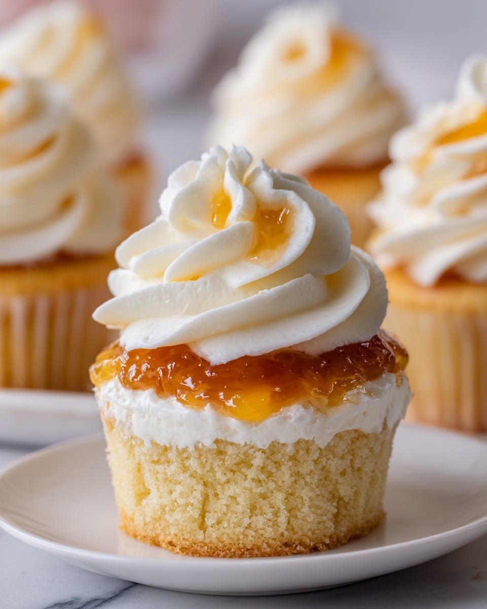 The image shows a close-up of a vanilla cupcake cut in half to reveal three layers: the bottom layer is a soft, light golden cake with a crumbly texture, the middle layer is a smooth white cream filling surrounding a shiny, amber-colored jelly center, and the top layer is a thick swirl of fluffy white frosting with soft peaks. The cupcake is in a white paper liner, sitting on a white plate against a white marbled surface background. Photo taken with an iphone --ar 4:5 --v 7