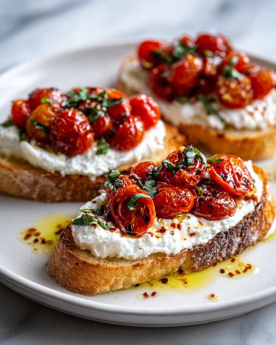 The image shows three slices of toasted bread on a white plate with a white marbled texture surface underneath. Each slice is topped with a thick, creamy white spread layer of ricotta cheese. On top of the ricotta are roasted cherry tomatoes that look soft and slightly wrinkled with a deep red color, and there are some small green basil leaves scattered among them. The tomatoes are glistening with golden olive oil that drips slightly onto the plate, adding a rich shine. The dish is sprinkled with red chili flakes and black pepper, which add texture and a hint of spice. photo taken with an iphone --ar 4:5 --v 7
