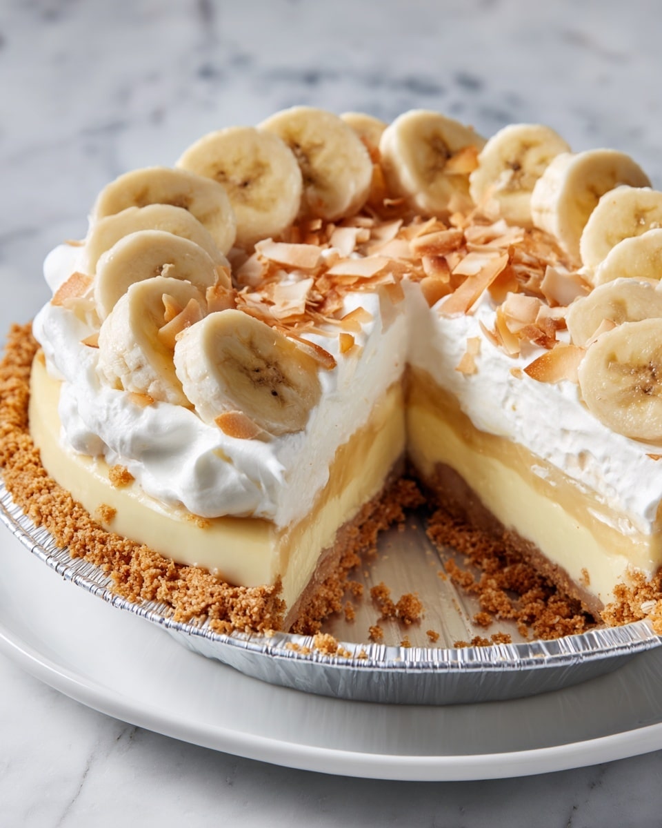A pie with four visible layers sits on a white plate over a white marbled surface. The base layer is a golden brown crumb crust inside a shiny silver pie tin. Above it is a smooth, pale yellow custard layer covering the whole pie. Next, there is a layer of round, sliced bananas arranged in a single overlapping circle. On top of the bananas, there is a thick layer of white, fluffy whipped cream with a soft, airy texture, decorated with toasted light brown coconut flakes and banana slices placed around the edges. The whole pie looks fresh and creamy with a mix of soft and crunchy textures. photo taken with an iphone --ar 4:5 --v 7