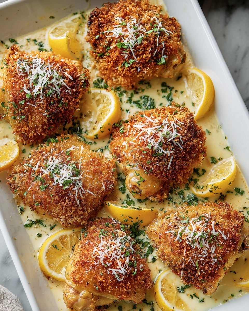 A white rectangular dish holds five pieces of golden brown crispy chicken thighs, each coated with a crunchy crumb layer mixed with herbs. Between the chicken pieces, thin yellow lemon slices are placed, some whole and some in wedges, adding a fresh look. The dish is sprinkled with finely chopped green parsley and small white shreds of cheese or garlic on top, scattered evenly across the chicken and creamy white sauce beneath. The sauce forms a thin layer at the bottom of the dish, with a smooth and glossy texture. The background is a white marbled surface. photo taken with an iphone --ar 4:5 --v 7