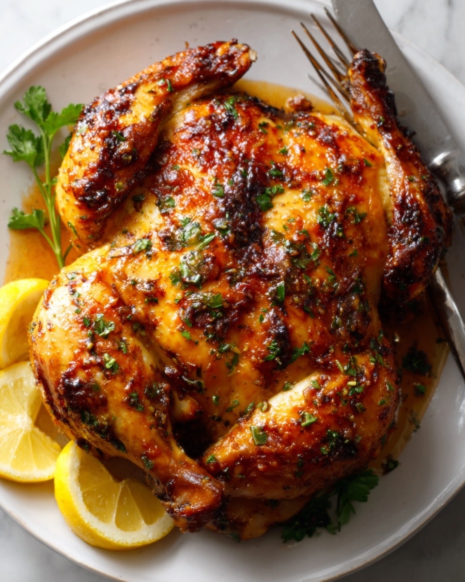 A whole roasted chicken sits in the center of a white oval plate, its skin golden brown and crisp, with a slightly shiny texture from the glaze. The chicken is sprinkled with fresh chopped green herbs, mostly parsley, adding a bright green contrast on top. Around the chicken, on the plate’s bottom edge, are three lemon wedges with a pale yellow color and a soft, juicy texture. To the right side of the plate, a white metal fork and knife rest on the white marbled surface. The photo taken with an iphone --ar 4:5 --v 7