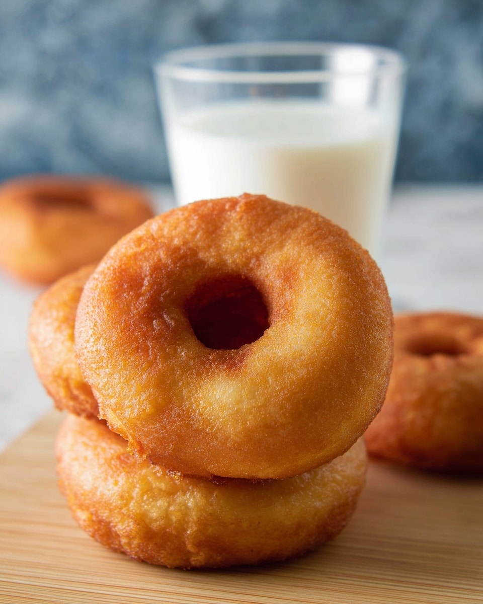 The image shows three golden brown donuts with a slightly rough texture, each having a round shape and a hole in the center, stacked closely on a light wood surface with a white marbled background softly blurred behind. The donuts have a crisp outer layer and a warm, fluffy look inside the holes. Behind the donuts, there is a clear glass filled with white milk, adding a touch of freshness to the scene. The focus is sharp on the closest donut, making its detailed fried surface stand out. photo taken with an iphone --ar 4:5 --v 7