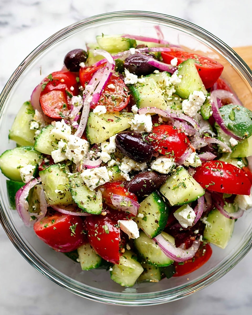 A fresh Greek salad served in a clear glass bowl placed on a white marbled surface, showing three main layers: a base layer of green cucumber chunks with their skins on, followed by a mix of bright red halved cherry tomatoes and dark purple olive slices scattered throughout, and topped with thin slices of translucent purple onion and white crumbled feta cheese spread evenly over the top, all sprinkled lightly with finely chopped green herbs and black pepper. photo taken with an iphone --ar 4:5 --v 7
