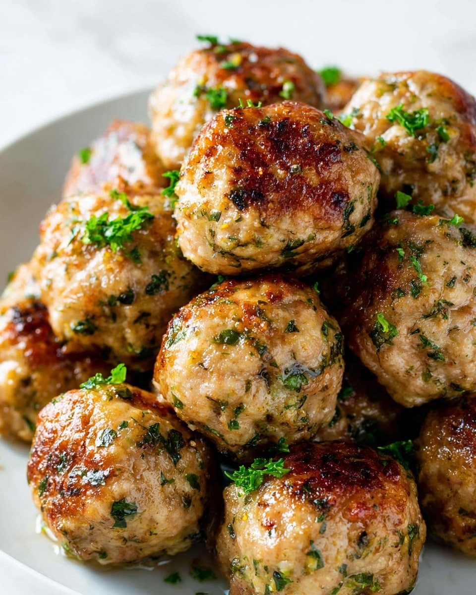 A close-up view of a pile of about a dozen golden-brown meatballs with a slightly shiny and crispy outer texture, speckled with green herbs finely mixed throughout. The meatballs are round and have small bits of green parsley sprinkled on top, giving a fresh contrast to the warm colors. They sit closely together on a white plate with a textured edge, placed over a white marbled texture surface. The lighting highlights the moist and tender texture of the meatballs, making them look freshly cooked and appetizing. photo taken with an iphone --ar 4:5 --v 7