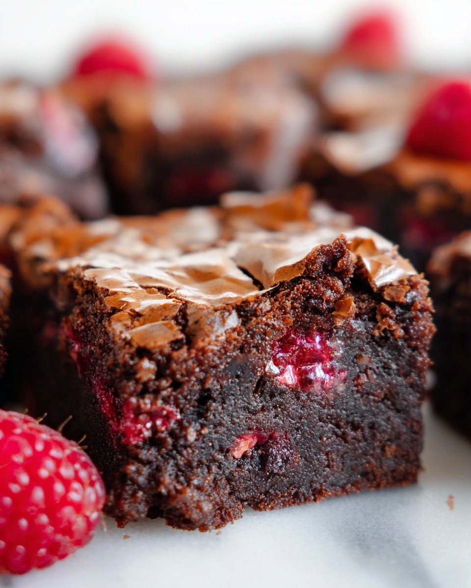 A close-up view of a thick chocolate brownie square with a cracked, shiny top layer in light brown, revealing a moist, dense, dark brown center mixed with bright red bits of raspberries throughout. The bottom layer is a rich, dense chocolate base, and the piece is surrounded by other similar brownie squares blurred in the background. In the foreground, on the white marbled surface, there is a fresh red raspberry adding a pop of color. Photo taken with an iphone --ar 4:5 --v 7