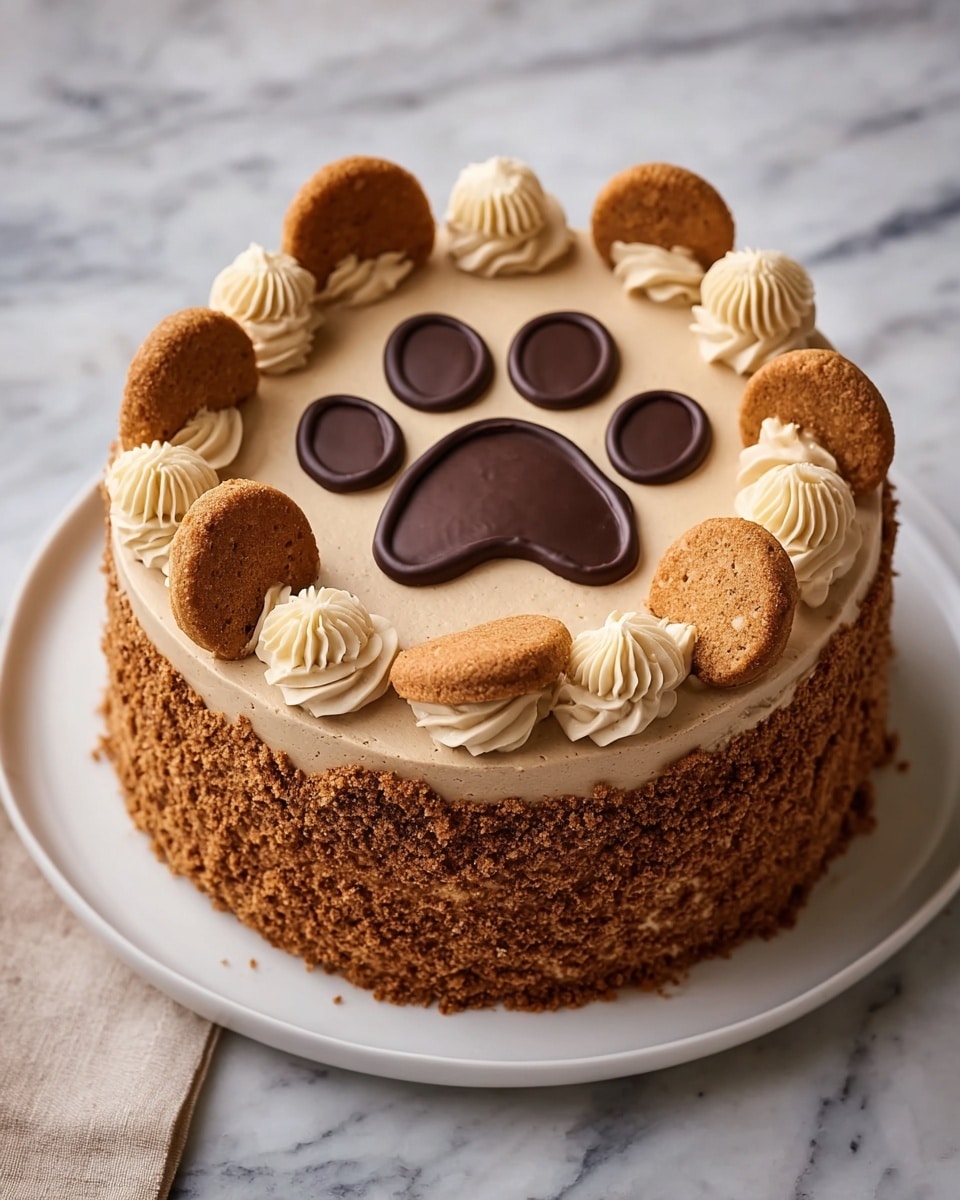 This is a round cake placed on a white plate, showing three visible layers: the outer crumb layer with a coarse brown texture, the smooth light brown frosting covering the cake, and the dark brown chocolate shapes on top. The top decoration includes a large dark brown chocolate paw pad in the center with five smaller light beige round shapes forming the paw’s pads. Around the central paw, there are four dark brown chocolate circles each topped with small round cookies in light brown. The edge of the cake top is bordered with evenly spaced light brown dollops of frosting, all set on a white marbled texture surface. photo taken with an iphone --ar 4:5 --v 7