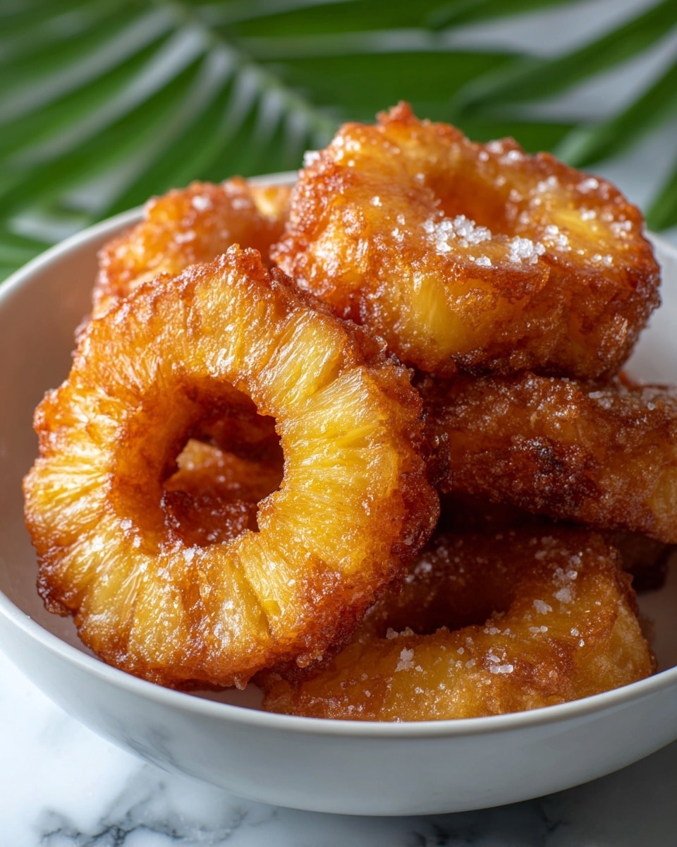 The image shows a white bowl filled with several golden-brown pineapple rings that are fried to a crispy texture. Each pineapple ring has a rough, crunchy outer layer with small browned bits and a juicy, soft yellow inner pineapple circle visible through the center hole. The pineapple rings are stacked unevenly, with some rings leaning against others, creating a small pile with a mix of bright yellow and dark golden brown colors. The background features a white marbled surface, and a hint of green leaves peek from the top left corner. Photo taken with an iphone --ar 4:5 --v 7