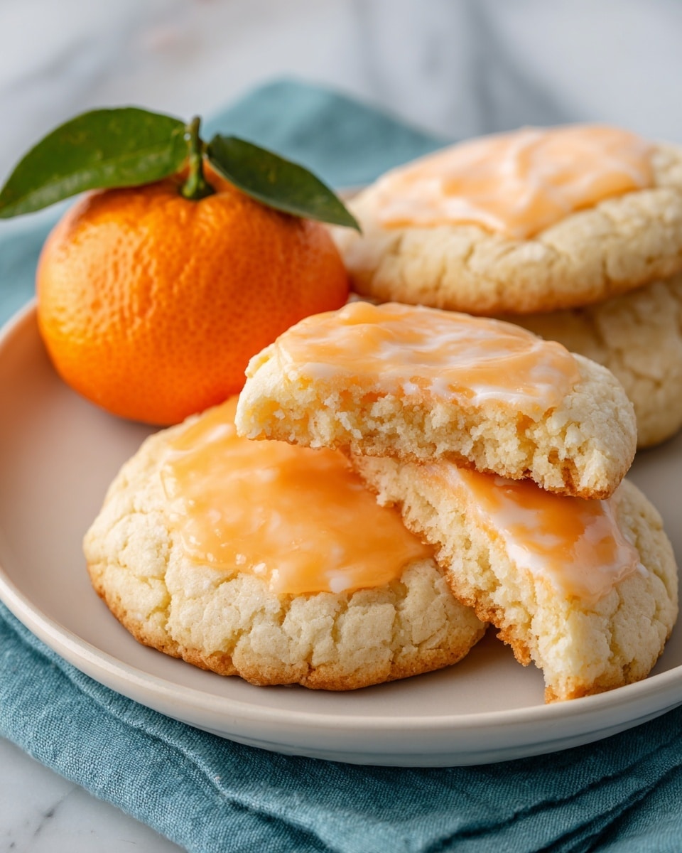 A white plate holds three round cookies with a light beige base and a thick, smooth layer of pale orange glaze on top. One cookie is broken in half, showing a soft, moist orange interior that matches the glaze's color. To the right of the cookies, there is a bright orange tangerine with a green leaf attached, adding contrast. The plate rests on a soft blue cloth, and the scene is set against a white marbled surface. photo taken with an iphone --ar 4:5 --v 7