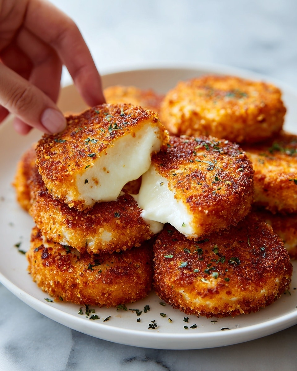The image shows a white plate with two golden brown fried mozzarella patties that have a crispy, crunchy outside layer. One patty is cut open, revealing a soft, melted, creamy white cheese inside. The patties have small green herb flakes sprinkled on top. The plate rests on a white marbled texture surface. In the background, there is a small bowl that looks like it has a light-colored dipping sauce. The photo taken with an iphone --ar 4:5 --v 7