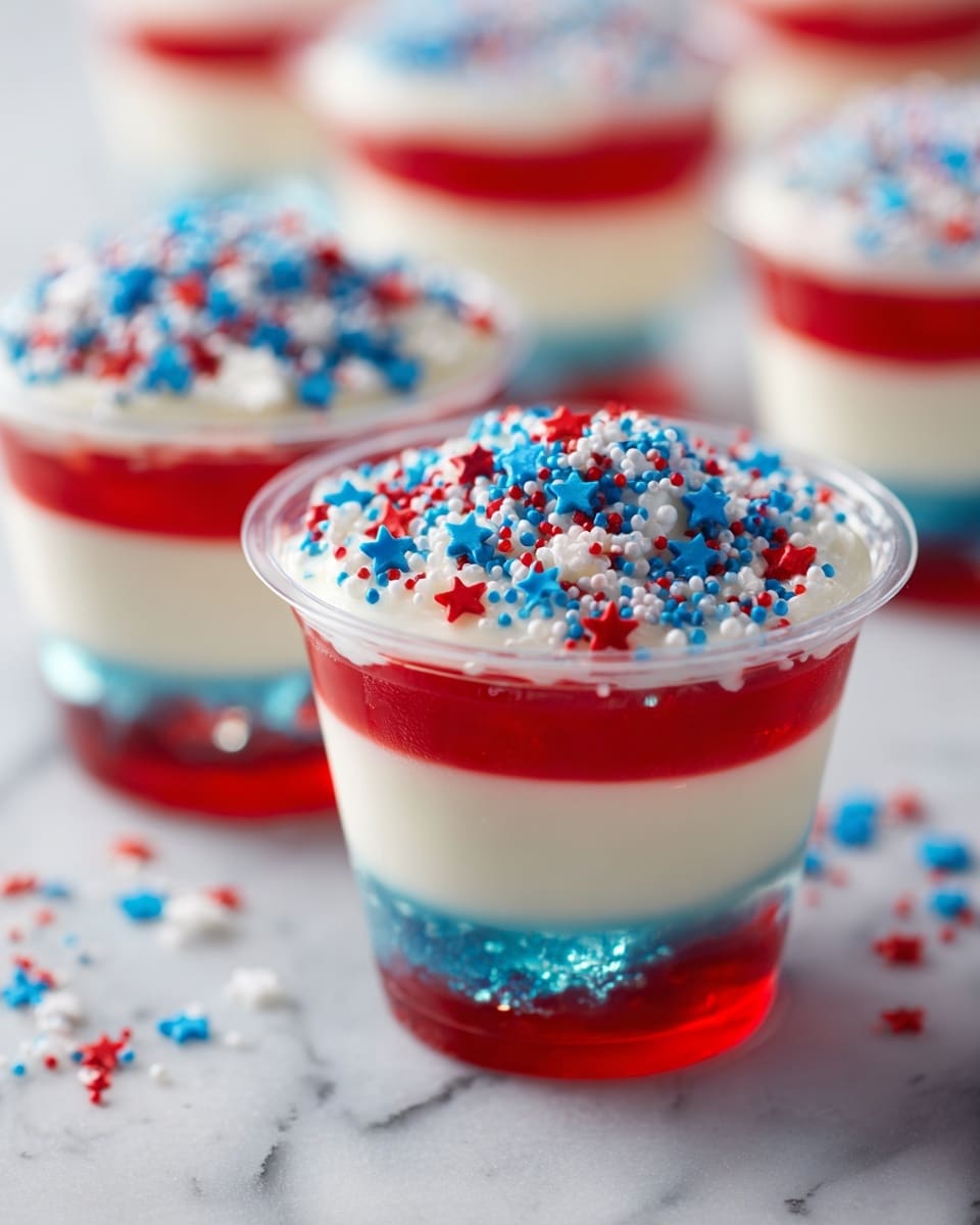 The image shows small clear plastic cups filled with three layers of gelatin dessert placed on a white marbled surface. The bottom layer is a bright blue jelly, smooth and translucent. The middle layer is creamy white, slightly thicker and opaque, creating a solid contrast between the colors. The top layer is a vivid red jelly, also translucent and shiny, adorned with small star-shaped sprinkles in blue, white, and red sitting gently on the surface. The cups are closely arranged, capturing the details and vibrant colors of each layer perfectly. Photo taken with an iphone --ar 4:5 --v 7