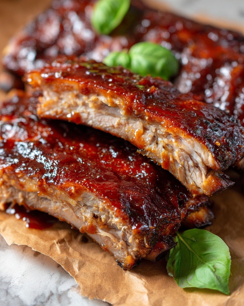 A close-up view of two grilled pork ribs with a thick glossy dark reddish-brown barbecue sauce coating, one rib in the front showing the inside texture which is juicy and tender with a light brown color and visible meat fibers, sitting on brown parchment paper with some sauce drips around; a small bright green basil leaf is placed near the ribs on the paper, all set on a white marbled surface. Photo taken with an iphone --ar 4:5 --v 7