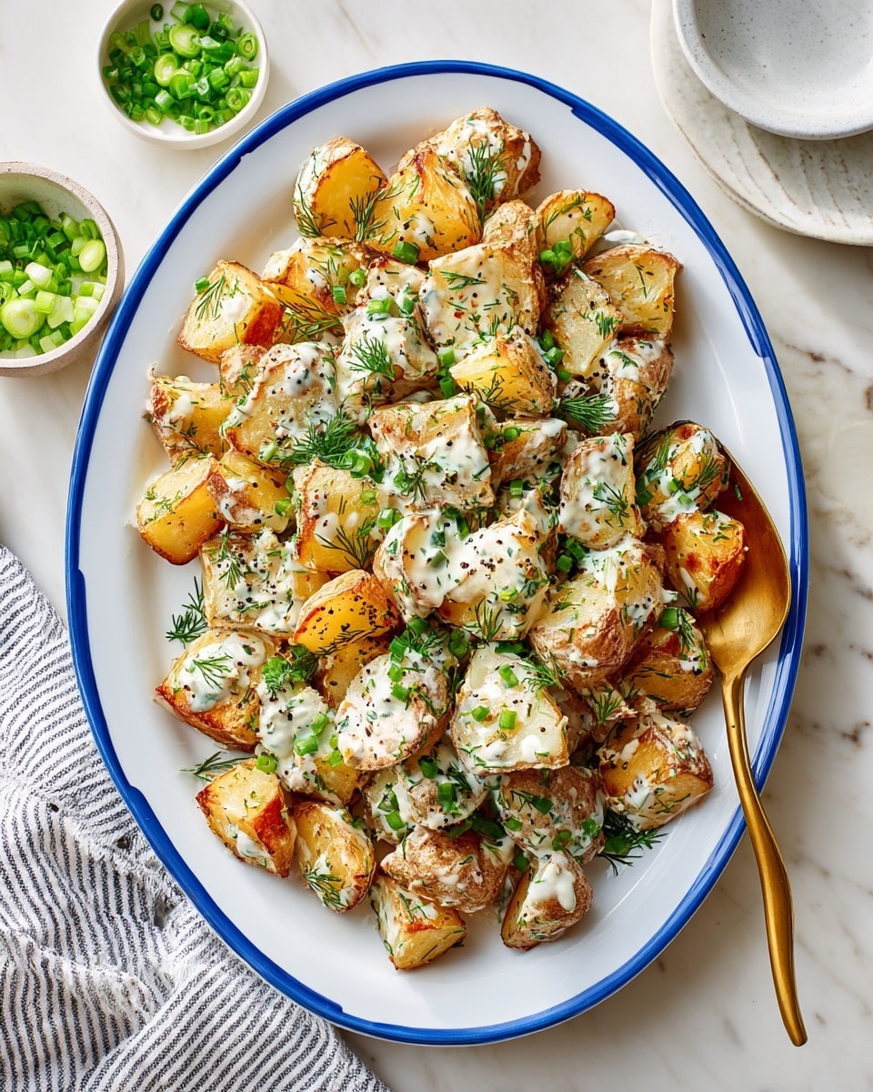 A white oval plate with light blue edges is full of golden roasted potato pieces covered in a thick layer of creamy white sauce speckled with black pepper. The potatoes have crispy browned edges and soft yellow centers. On top of the sauce, there are finely chopped bright green herbs and sliced green onions scattered evenly. A shiny gold spoon rests on the right side of the plate, slightly sinking into the potatoes. Around the plate are small white bowls filled with more chopped green herbs and onions, all placed on a white marbled surface. photo taken with an iphone --ar 4:5 --v 7