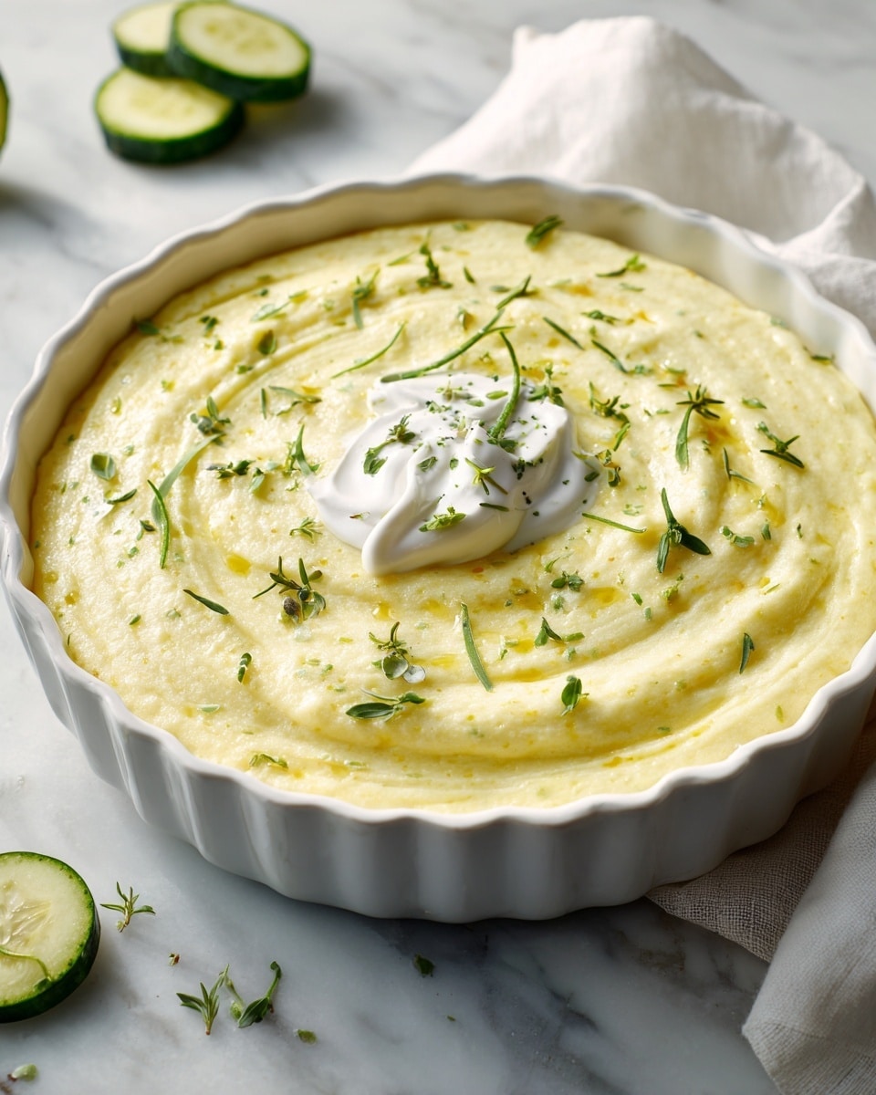 A shallow white ceramic dish filled with a smooth, thick pale yellow soup, lightly speckled with tiny green and brown flecks, giving a creamy and slightly grainy texture. On the surface of the soup, there is a delicate swirl of white cream forming a loose crescent shape, dotted with fresh small green herb leaves scattered unevenly across the top. In the upper left corner of the image, there are four thin slices of pale green cucumber with dark green edges stacked loosely together. The whole scene rests on a soft white cloth on a white marbled textured surface. Photo taken with an iphone --ar 4:5 --v 7