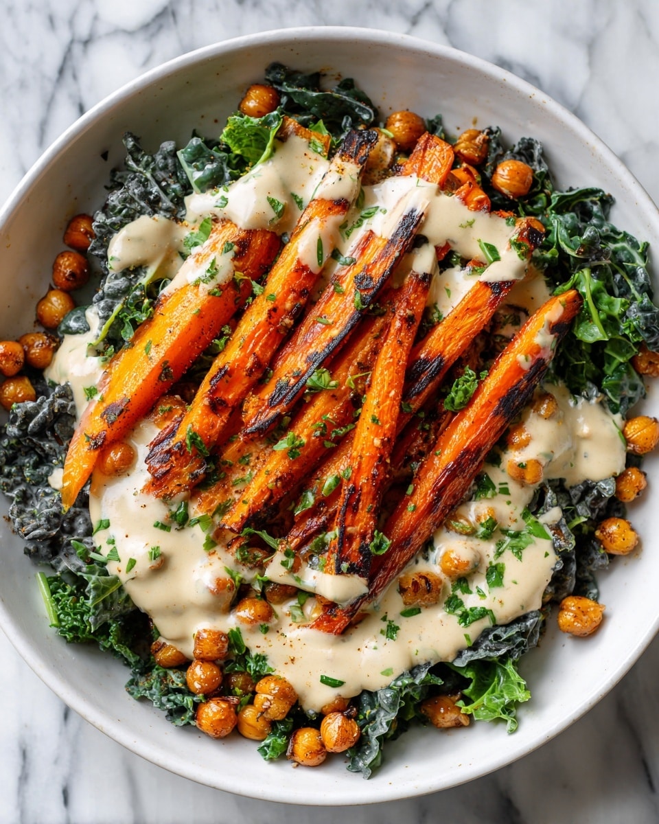 A white bowl filled with three main layers: the base is dark green leafy kale, slightly wilted and textured; on top, bright orange grilled carrot slices with visible char marks, arranged around the bowl; scattered golden brown chickpeas are placed between the carrots; drizzled over all is a creamy beige sauce with green herb bits sprinkled on top, adding detail; the dish sits on a white marbled surface. photo taken with an iphone --ar 4:5 --v 7
