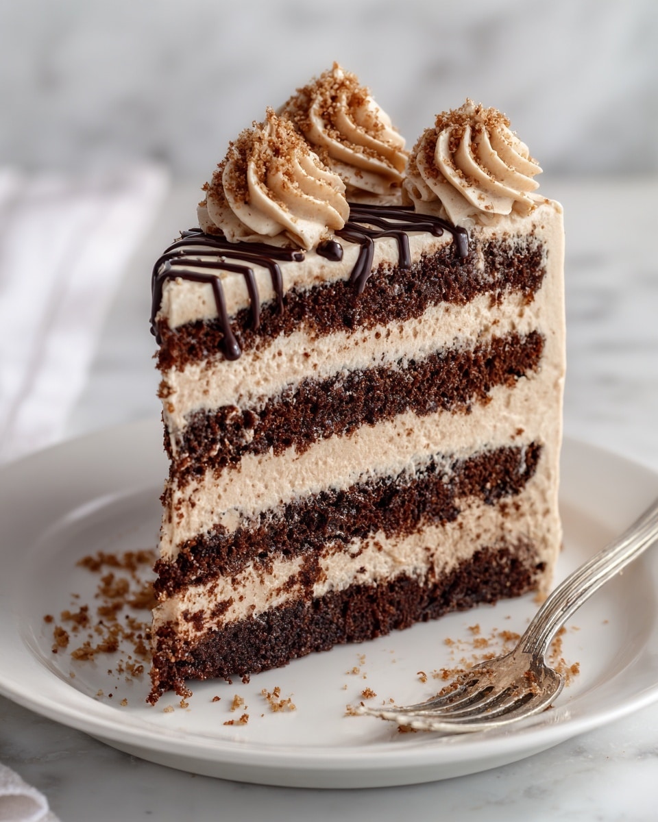 A close-up of a three-layer chocolate cake slice on a white plate, each layer separated by thick, light brown creamy frosting. The cake layers are dark brown and moist, with the same creamy frosting covering the whole slice on the outside. The top has decorative swirls of the light brown frosting, sprinkled with crumbly brown bits, and drizzled with dark chocolate sauce. A silver fork with a few crumbs rests on the plate next to the cake against a white marbled background. photo taken with an iphone --ar 4:5 --v 7