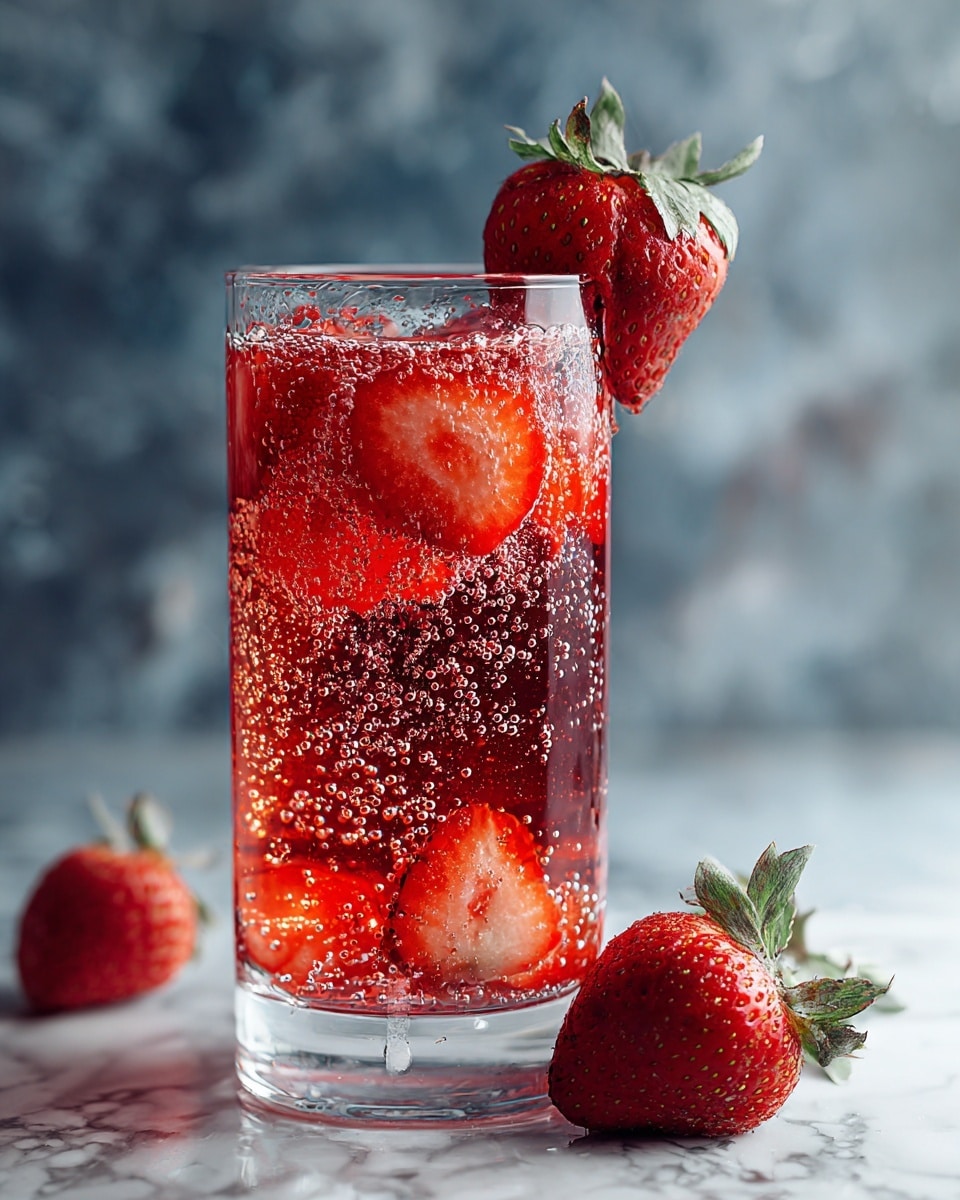 A clear glass is filled with a sparkling red drink layered with several bright red strawberry slices inside. At the top, a whole ripe strawberry with green leaves is placed, partly inside the drink and partly resting on the rim of the glass. Tiny bubbles cling to the glass and strawberry pieces, creating a fresh and fizzy look. The background has a soft dark blur that contrasts with the bright red strawberries and the clear liquid. One whole strawberry sits next to the glass on a white marbled surface. photo taken with an iphone --ar 4:5 --v 7