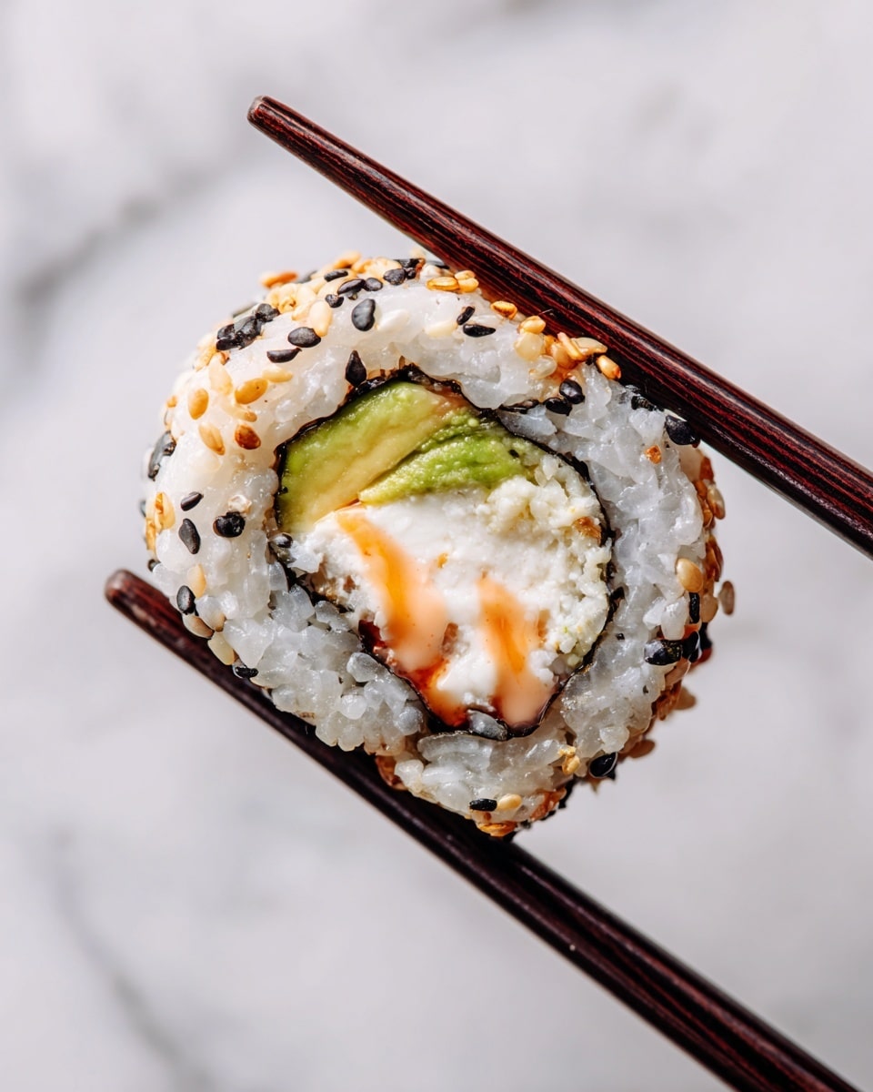 A close-up view of a sushi roll held by a pair of dark brown chopsticks grasped by a woman's hand. The sushi roll has three main layers: the outer layer is white rice sprinkled with black and white sesame seeds that give a slightly rough texture; inside the rice is a bright green avocado layer with a smooth and creamy look; the innermost layer shows a light orange sauce drizzled on top of small pieces of white fish or crab, giving a soft and moist texture, with some bits of orange roe adding a small pop of color. The background is a white marbled texture, giving a clean and fresh appearance. Photo taken with an iphone --ar 4:5 --v 7