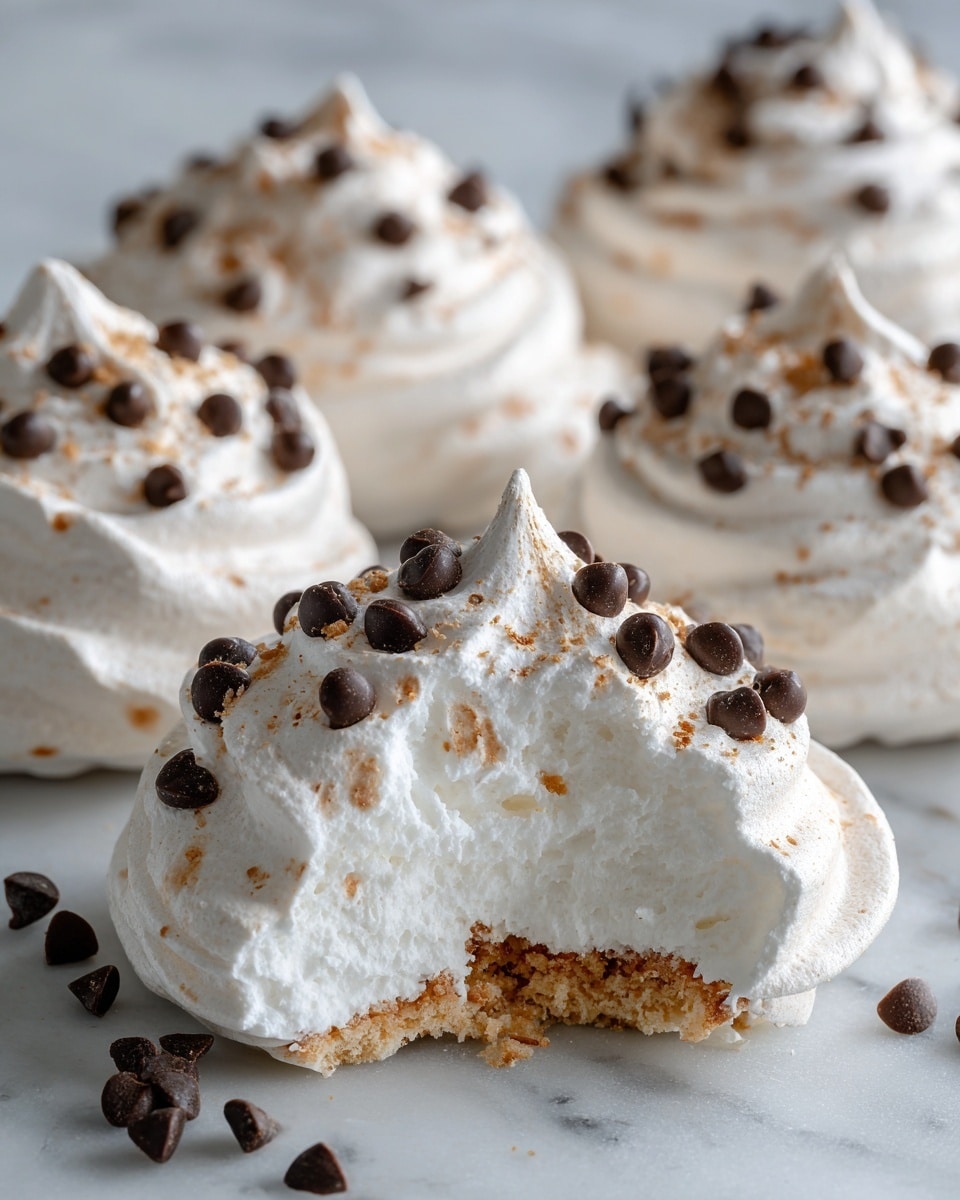 The image shows several white meringue cookies with a smooth, glossy surface and soft peaks. Each cookie has small dark chocolate chips scattered on top and embedded within. The front meringue has a bite taken out, revealing a fluffy white inside with some chocolate chips near the bottom and a light brown, slightly crumbly base. The cookies are placed on a white marbled surface. photo taken with an iphone --ar 4:5 --v 7