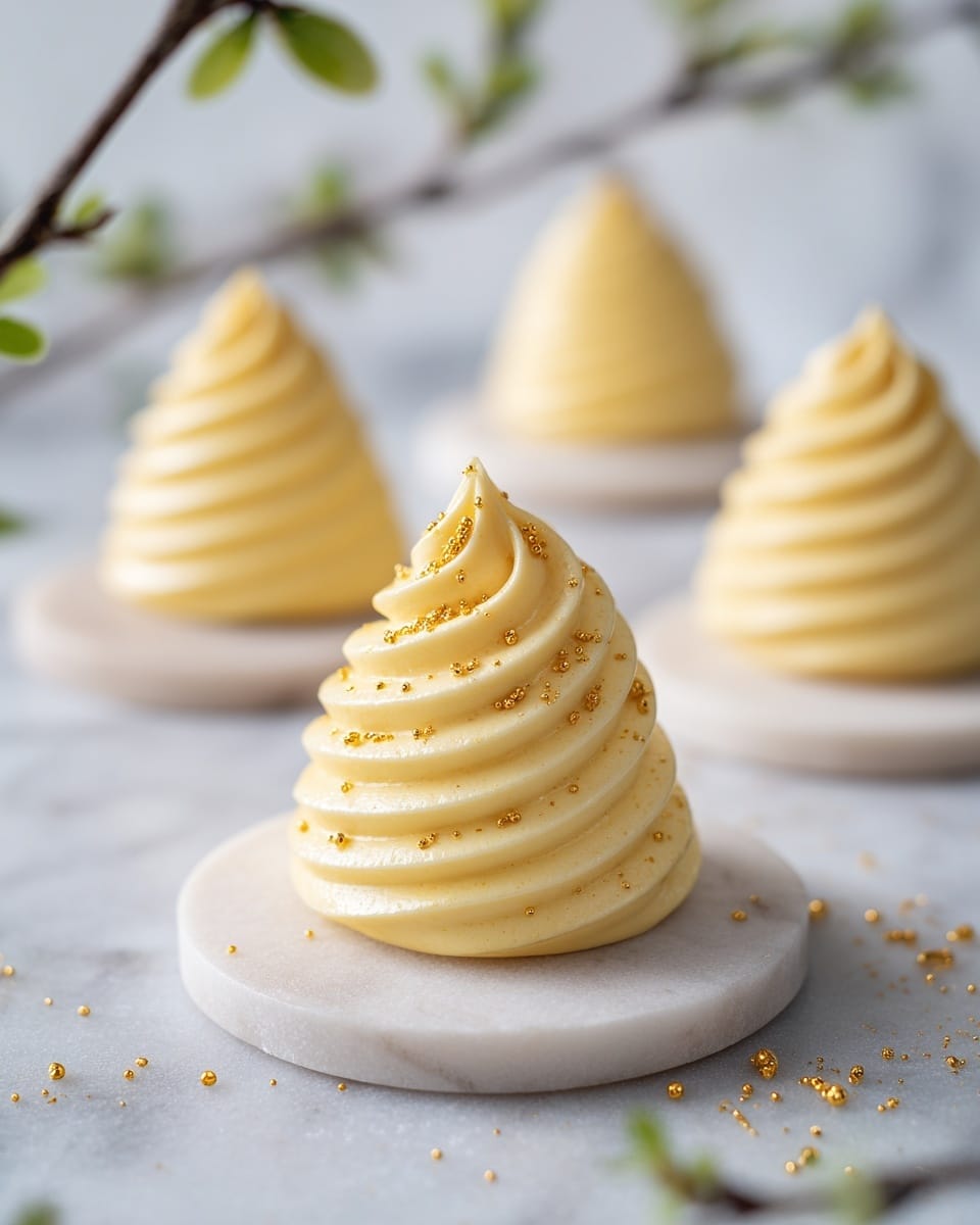 The image shows a shiny, smooth dessert shaped like a small spiral tree, with four thick swirled layers colored pale yellow, sitting atop a thin, round base. The top of the spiral is pointed, and the whole dessert is decorated with small pieces of gold flakes scattered unevenly across its surface. This dessert is placed on a round white marble plate, with other similar desserts in the blurred background arranged on a white marbled surface. Thin, blurred branches with tiny green buds are visible in the backdrop, adding a natural touch. Photo taken with an iphone --ar 4:5 --v 7
