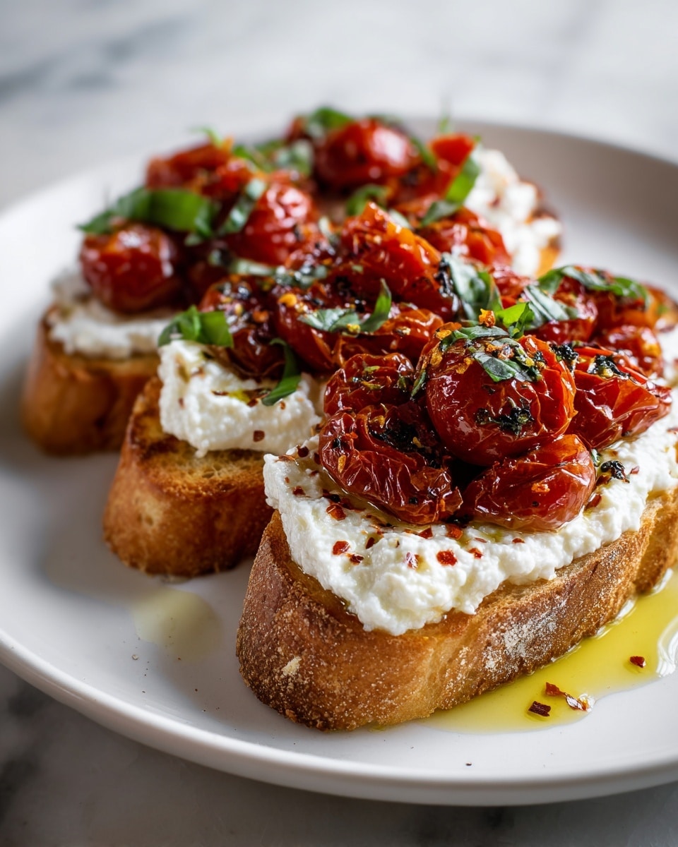 Three toasted slices of bread lie on a white plate, each slice topped with a thick, creamy layer of white ricotta cheese. On top of the cheese, there is a generous pile of roasted cherry tomatoes with a shiny, slightly wrinkled red skin. The tomatoes are sprinkled with small dark green basil leaves and crushed red pepper flakes. A glossy drizzle of golden olive oil pools slightly around the bottom slices, enhancing the texture and color contrast of the dish. The plate sits on a white marbled surface. Photo taken with an iphone --ar 4:5 --v 7