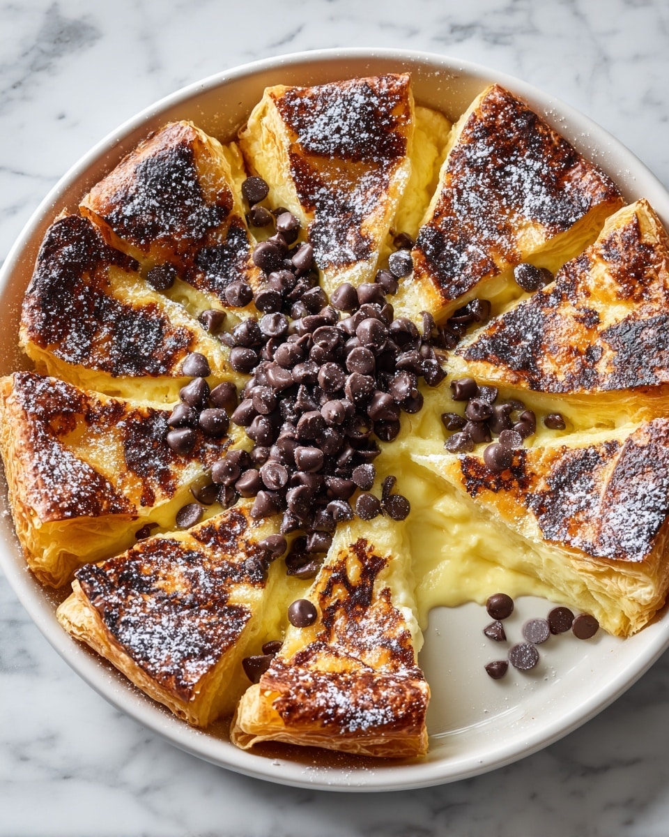 In a round white baking dish, there is a dessert made of golden-brown, flaky pastry chunks arranged in a circle, surrounding a center filled with creamy yellow custard. On top of the pastry pieces, there are many dark brown chocolate chips sprinkled around the center, with some melted chocolate visible on the edges of the pastries. A light dusting of powdered sugar is sprinkled over the whole dish, adding a delicate white contrast to the rich colors. The dish rests on a white marbled surface with a few loose chocolate chips nearby. Photo taken with an iphone --ar 4:5 --v 7