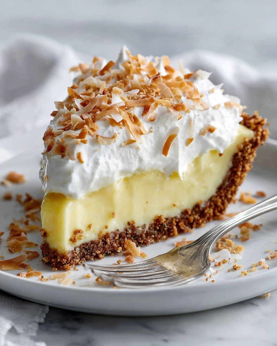 A close-up of a slice of creamy coconut cream pie on a white plate, showing three main layers: the bottom layer is a golden-brown crumb crust with a rough, crunchy texture; the middle layer is a thick, pale yellow smooth custard filling; the top layer is a fluffy white whipped cream, generously covered with toasted coconut flakes that are light golden and slightly brown in spots; some coconut flakes are scattered on the plate around the slice, and a silver fork rests near the crust edge. The setting features a white marbled texture. Photo taken with an iphone --ar 4:5 --v 7