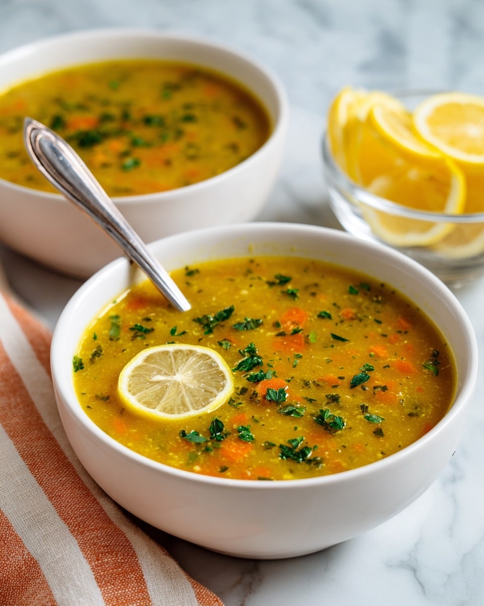 The image shows two white bowls filled with a thick, creamy yellow soup that has visible small pieces of orange carrots and green herbs mixed throughout. Each bowl is topped with a fresh lemon slice and a sprinkle of chopped green parsley or cilantro. One of the bowls has a spoon resting inside it. The bowls are placed on a white marbled surface with a white and orange striped cloth nearby, and a small glass bowl holding extra lemon slices is in the background. photo taken with an iphone --ar 4:5 --v 7