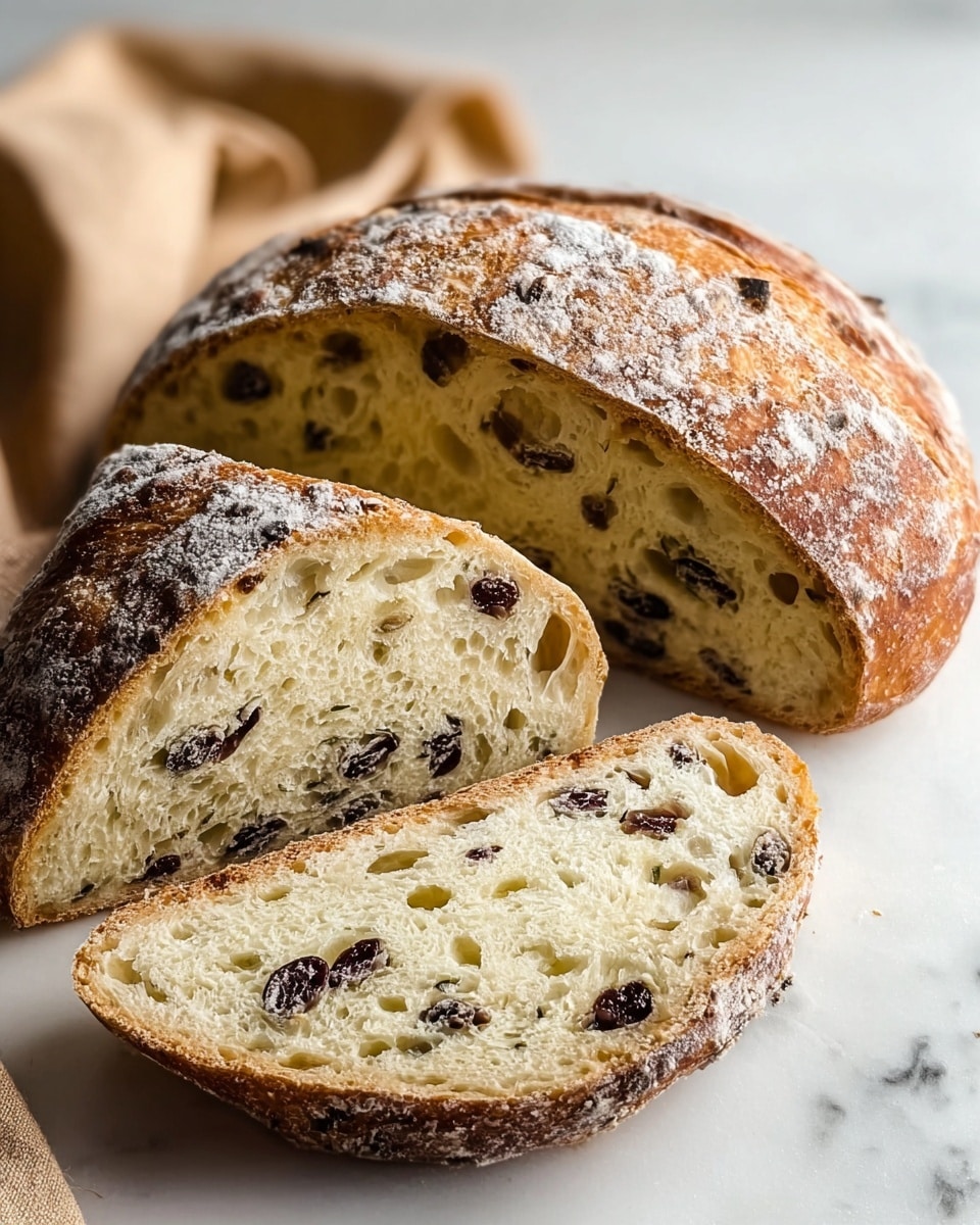 A round loaf of bread with a golden brown crust dusted lightly with flour is placed on a white marbled surface. The bread is cut into three pieces: two thick slices in the foreground and the larger part of the loaf behind them. The inside of the bread is creamy white with a soft texture, showing small and medium holes. It is filled with dark olives scattered evenly throughout the slices. A beige cloth is partly visible to the left side of the bread, enhancing the warm and rustic feel of the image. photo taken with an iphone --ar 4:5 --v 7