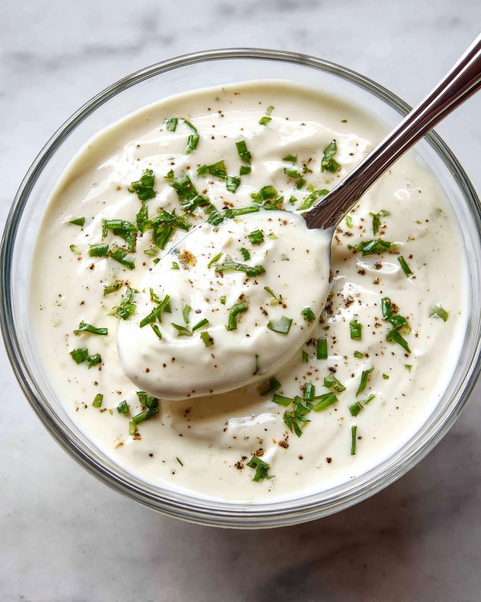 A clear glass bowl filled with creamy white sauce that has a smooth and thick texture. The sauce is sprinkled with small pieces of bright green herbs and a light dusting of black pepper on top. A shiny metal spoon is partially dipped into the sauce, holding a rounded scoop with visible soft peaks. The bowl sits on a white marbled surface. photo taken with an iphone --ar 4:5 --v 7