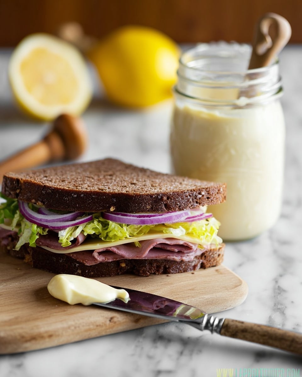 A sandwich made with two thick slices of dark brown rye bread, layered with visible slices of roast beef, thin rings of red onion, light green shredded lettuce, and pale yellow cheese, placed on a light wooden cutting board. In front of the sandwich on the board is a shiny butter knife with a dollop of creamy pale yellow mayonnaise. Behind the sandwich, there is a clear glass jar filled with the same creamy pale yellow mayonnaise, and in the blurred background, there is a halved lemon and a wooden lemon squeezer. The scene is set on a white marbled surface. photo taken with an iphone --ar 4:5 --v 7