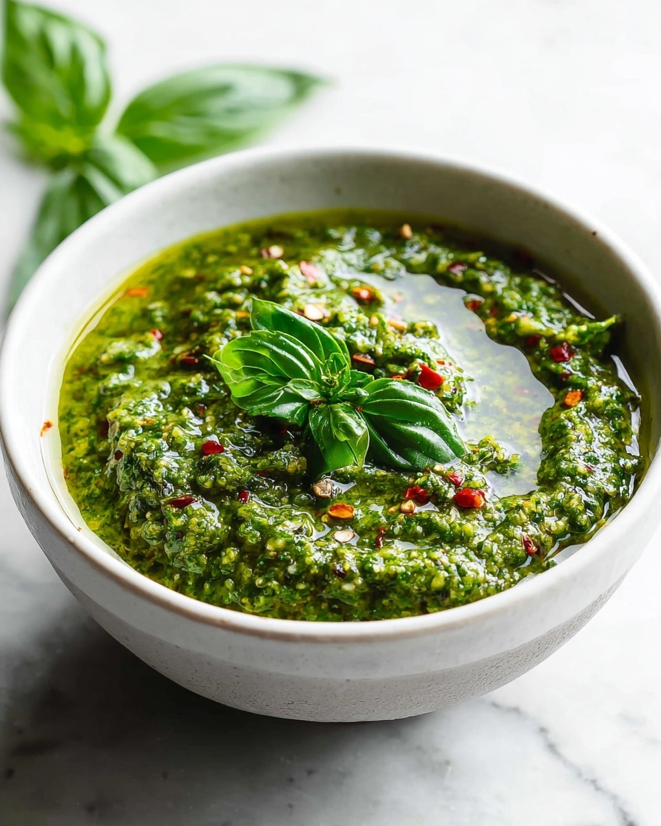 A white ceramic bowl filled with a thick, vibrant green pesto sauce that has a slightly chunky texture with tiny bits of herbs. The surface of the pesto is shiny with a few drops of olive oil, small red chili flakes, and a sprinkle of white coarse salt. On top, in the center, rests a small cluster of fresh basil leaves that look bright and fresh. The bowl sits on a white marbled surface with soft natural light highlighting the colors and textures of the pesto. Photo taken with an iphone --ar 4:5 --v 7