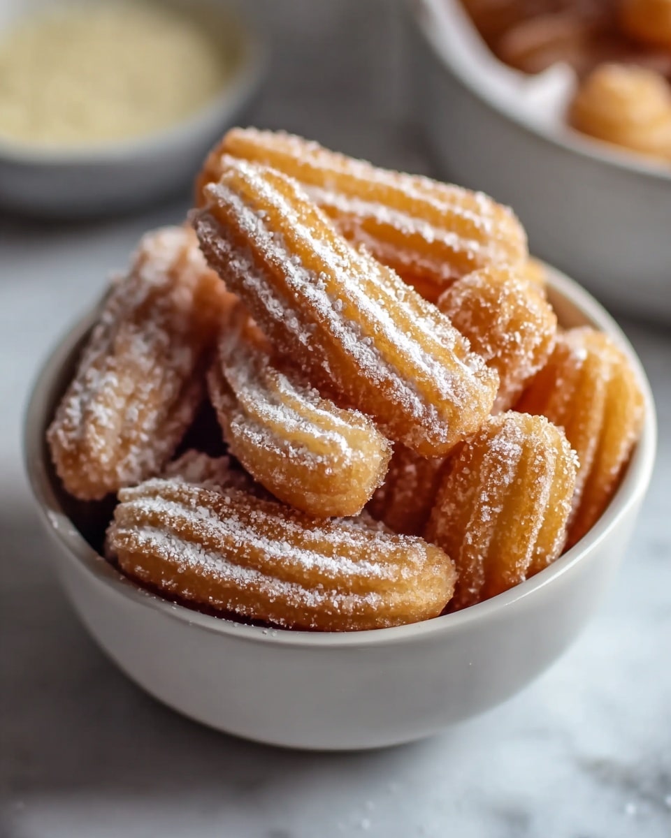 A white bowl filled with mini churros piled on top of each other, each churro is golden brown with ridges and lightly dusted with white powdered sugar, giving a soft snowy texture contrast; the bowl is placed on a white marbled surface, with part of another bowl visible in the blurred background. photo taken with an iphone --ar 4:5 --v 7