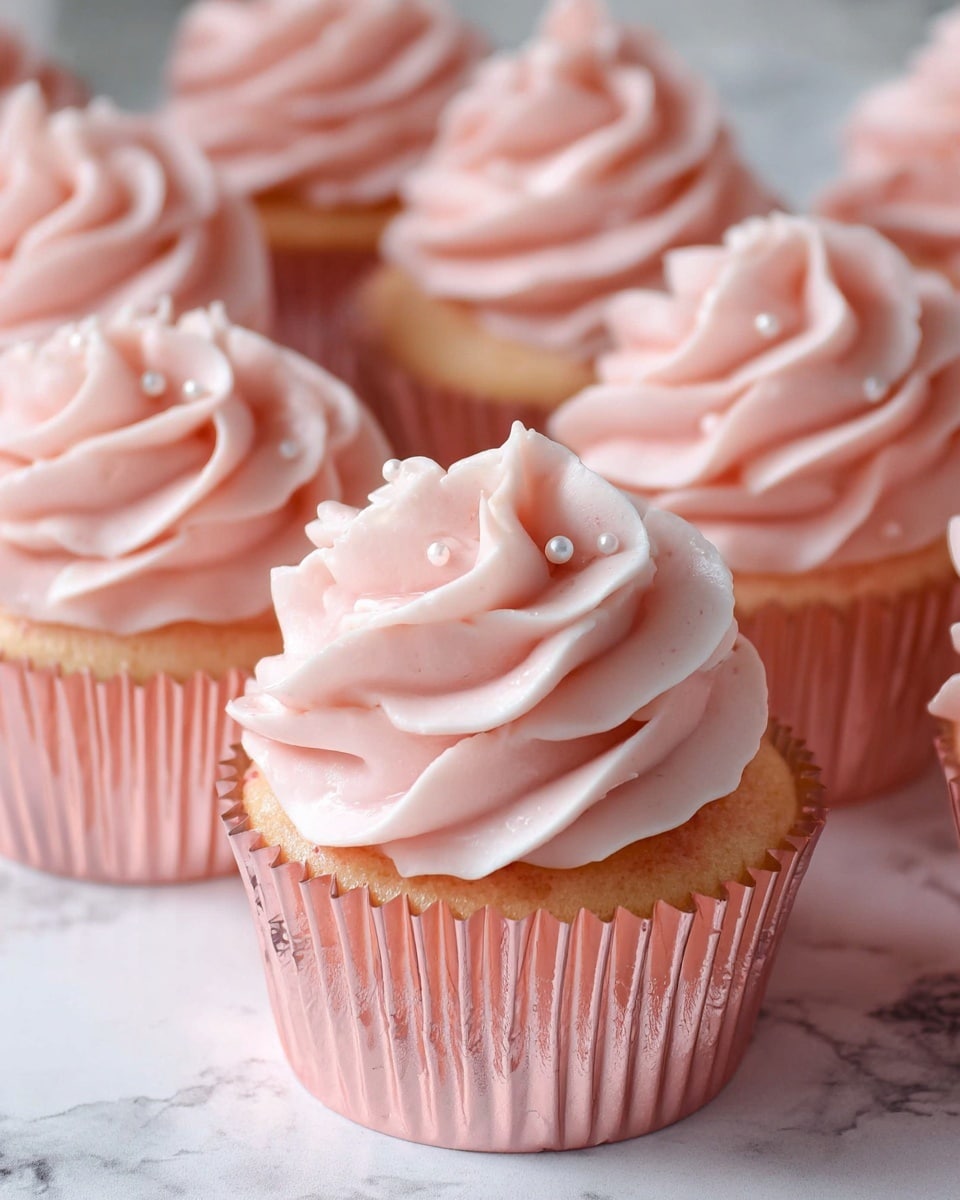 Several light pink cupcakes sit closely together, each topped with a thick swirl of pale pink frosting decorated with small, round white sugar pearls. The cupcakes have a soft, light beige cake base wrapped in shiny rose gold foil liners. The smooth frosting is piped in multiple layered swirls, giving a fluffy and creamy texture. The cupcakes are arranged on a soft light pink cloth over a white marbled surface. photo taken with an iphone --ar 4:5 --v 7