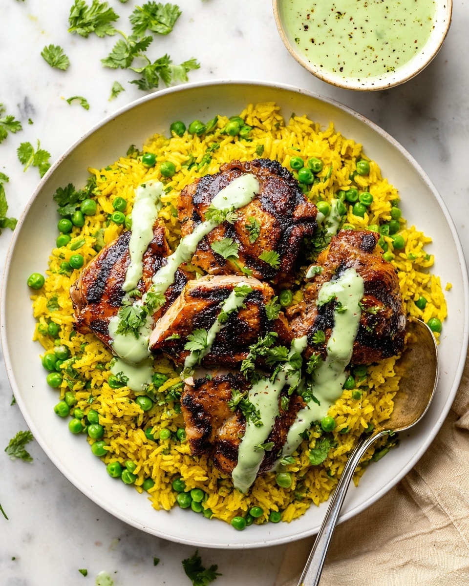 A white round plate filled with a bed of bright yellow rice mixed with green peas as the first layer. On top, there are three pieces of grilled chicken thighs, showing dark brown grill marks and a slightly charred texture. The chicken is drizzled with a pale green creamy sauce, and sprinkled with fresh chopped cilantro leaves. To the side on the plate is a small white bowl with more of the same green sauce, speckled with black pepper. A silver spoon rests at the edge of the rice, and scattered cilantro leaves decorate the white marbled surface beneath the plate. Photo taken with an iphone --ar 4:5 --v 7