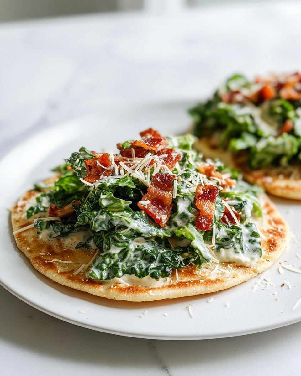 The image shows a close-up of two small flatbread bases on a white plate, placed on a white marbled surface. Each flatbread is golden brown with a slightly crisp texture. On top of the closest flatbread, there is a generous layer of creamy kale salad, where the dark green kale leaves are coated in a white dressing. The salad is sprinkled with small pieces of crispy bacon that have a reddish-brown color, and finely grated pale yellow cheese, adding texture and detail. The second flatbread is partially visible in the background with a similar topping but less in focus. The overall presentation is clean and fresh with bright natural light. photo taken with an iphone --ar 4:5 --v 7