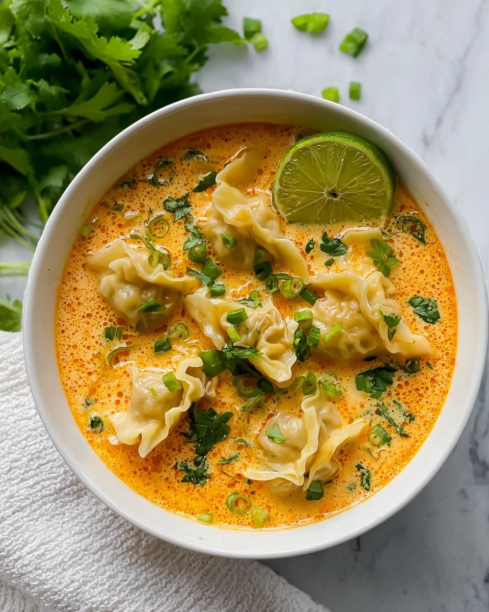 A white bowl filled with an orange creamy soup base, holding a layer of pale, slightly translucent dumplings with ruffled edges popping out from the soup. The dumplings float on top, partially submerged in the smooth soup, which has a slightly speckled texture. Fresh green chopped herbs, mainly cilantro and possibly green onions, are sprinkled over the dumplings as a bright garnish. On the right edge of the bowl, a fresh lime wedge with a vibrant green color rests cut side up. The bowl sits on a white marbled surface with fresh green herbs and a white textured cloth in the background. Photo taken with an iphone --ar 4:5 --v 7