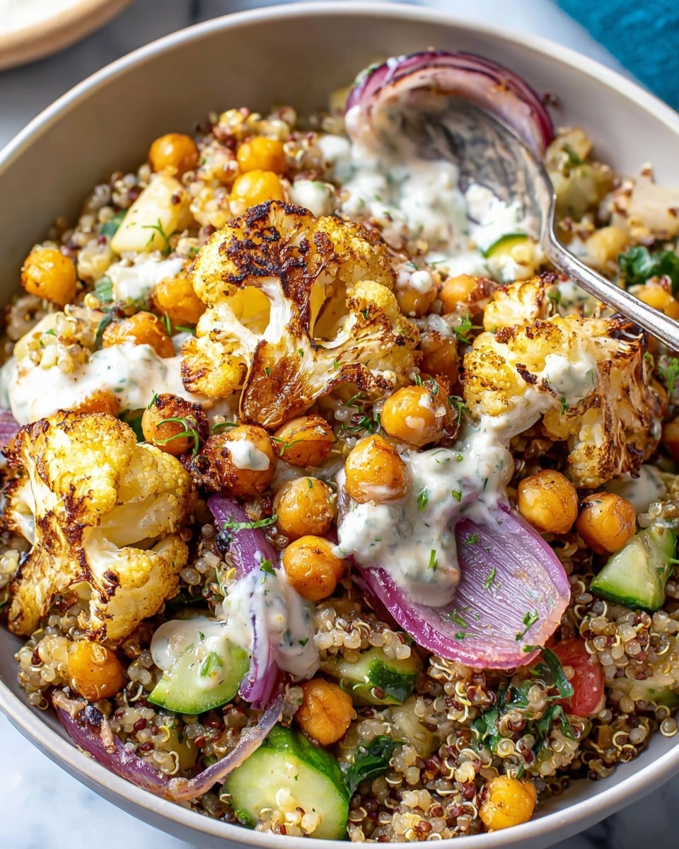 A close-up view of a white bowl filled with a colorful salad. The bottom layer contains cooked quinoa mixed with chickpeas and small chopped pieces of grilled cauliflower that are golden brown with charred edges. Scattered throughout are slices of cooked red onion, adding a purple shade, and bits of green herbs for freshness. There are also small diced cucumbers adding a light green color, and chunks of light orange roasted vegetables. A creamy white sauce is drizzled on top, with a spoon partially dipped inside the salad. The bowl sits on a white marbled surface. photo taken with an iphone --ar 4:5 --v 7