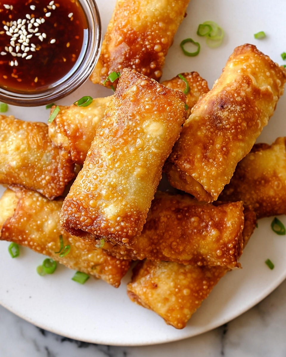 A close-up view of a white plate holding six golden-brown fried egg rolls arranged haphazardly with a crispy, bubbled texture on their surface. The egg rolls show varying shades of golden yellow and light brown with some areas appearing darker due to frying. Small pieces of green onion are scattered underneath and around the egg rolls. To the side of the plate, there is a small round glass bowl filled with a dark reddish-brown dipping sauce topped with white sesame seeds. The plate sits on a white marbled textured surface. photo taken with an iphone --ar 4:5 --v 7