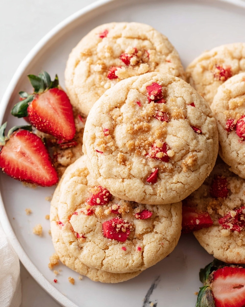 The image shows soft, round cookies on a white plate placed on a white marbled surface. Each cookie has a light golden-brown color and is studded with small red pieces that look like bits of strawberry. The cookie surface has some crumbly topping, adding texture with small clumps scattered around. Near the cookies, there are fresh strawberry halves with a vibrant red color and green leaves, placed casually for decoration. The cookies look thick and soft, with gentle cracks and a slightly chewy texture. photo taken with an iphone --ar 4:5 --v 7