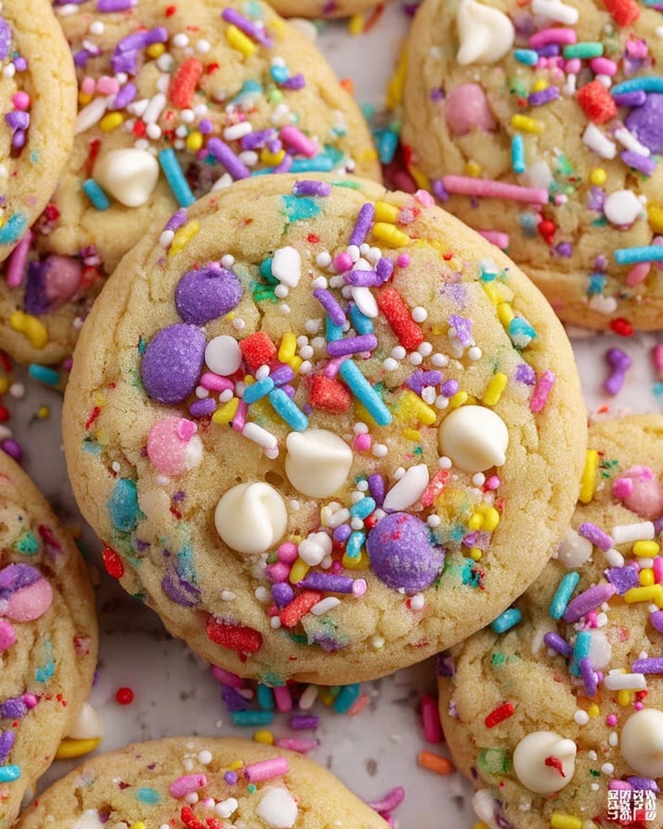 The image shows closely packed soft cookies with a light golden-brown color, each topped with many colorful sprinkles and candy pieces. The sprinkles are in shades of purple, yellow, pink, white, red, and blue, scattered thickly across the top surfaces, giving a vibrant and festive look. Some white chocolate chips are spread throughout the cookies. The texture looks soft and slightly crumbly, with the candy pieces adding a shiny and smooth contrast. The cookies are arranged on a surface with a white marbled texture, closely stacked with some cookies partially visible behind the front one. photo taken with an iphone --ar 4:5 --v 7