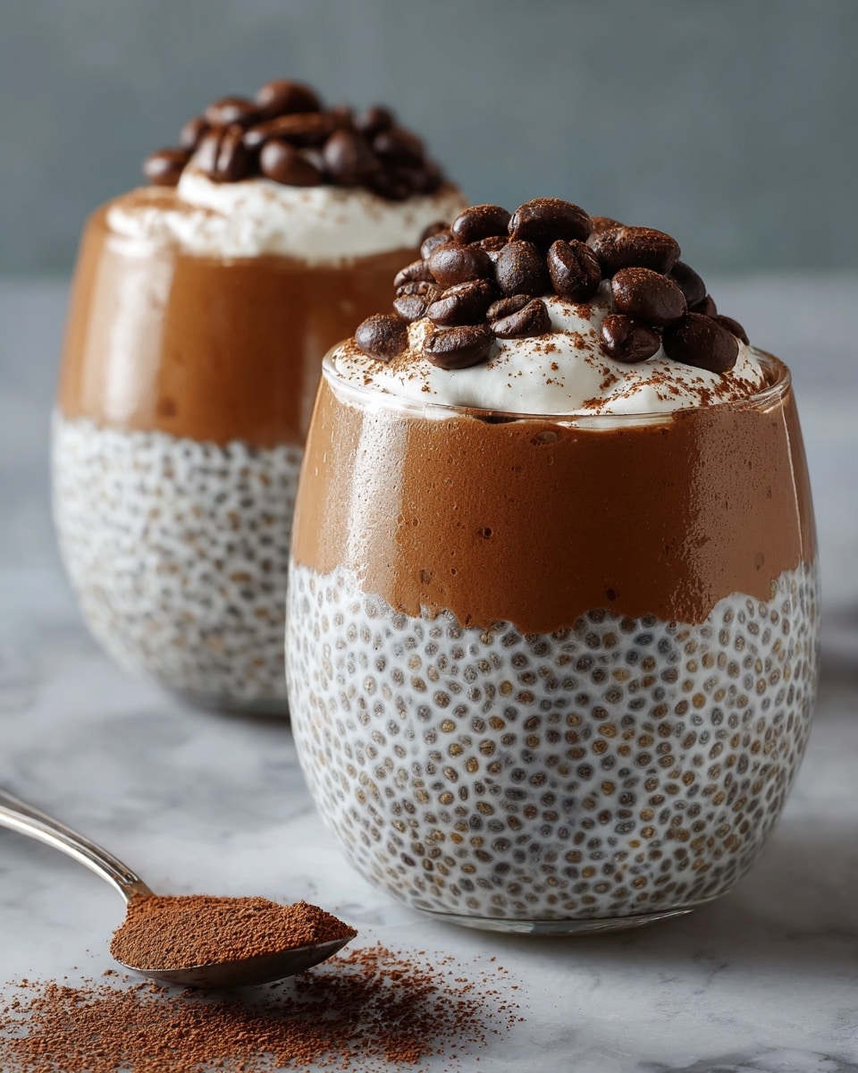 Two transparent glasses sit on a white marbled surface, each filled with three distinct layers. The bottom layer is creamy white chia pudding speckled with tiny black seeds, forming a textured base. Above this is a smooth, thick, rich brown coffee mousse layer that contrasts with the chia. The top layer is a dollop of white whipped cream, sprinkled with dark brown cocoa powder, and topped with a cluster of shiny dark brown coffee beans. A silver spoon dusted with cocoa powder lies in the foreground. Photo taken with an iphone --ar 4:5 --v 7