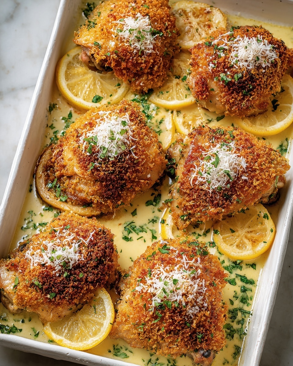The image shows six golden brown, crispy chicken thighs with a crunchy breadcrumb coating on a white rectangular tray. The chicken pieces are sprinkled with finely grated white cheese and chopped green herbs. There are lemon slices placed around and under the chicken, adding a touch of bright yellow. The creamy sauce beneath the chicken has a smooth texture and is also dotted with chopped herbs. The tray sits on a white marbled texture. photo taken with an iphone --ar 4:5 --v 7