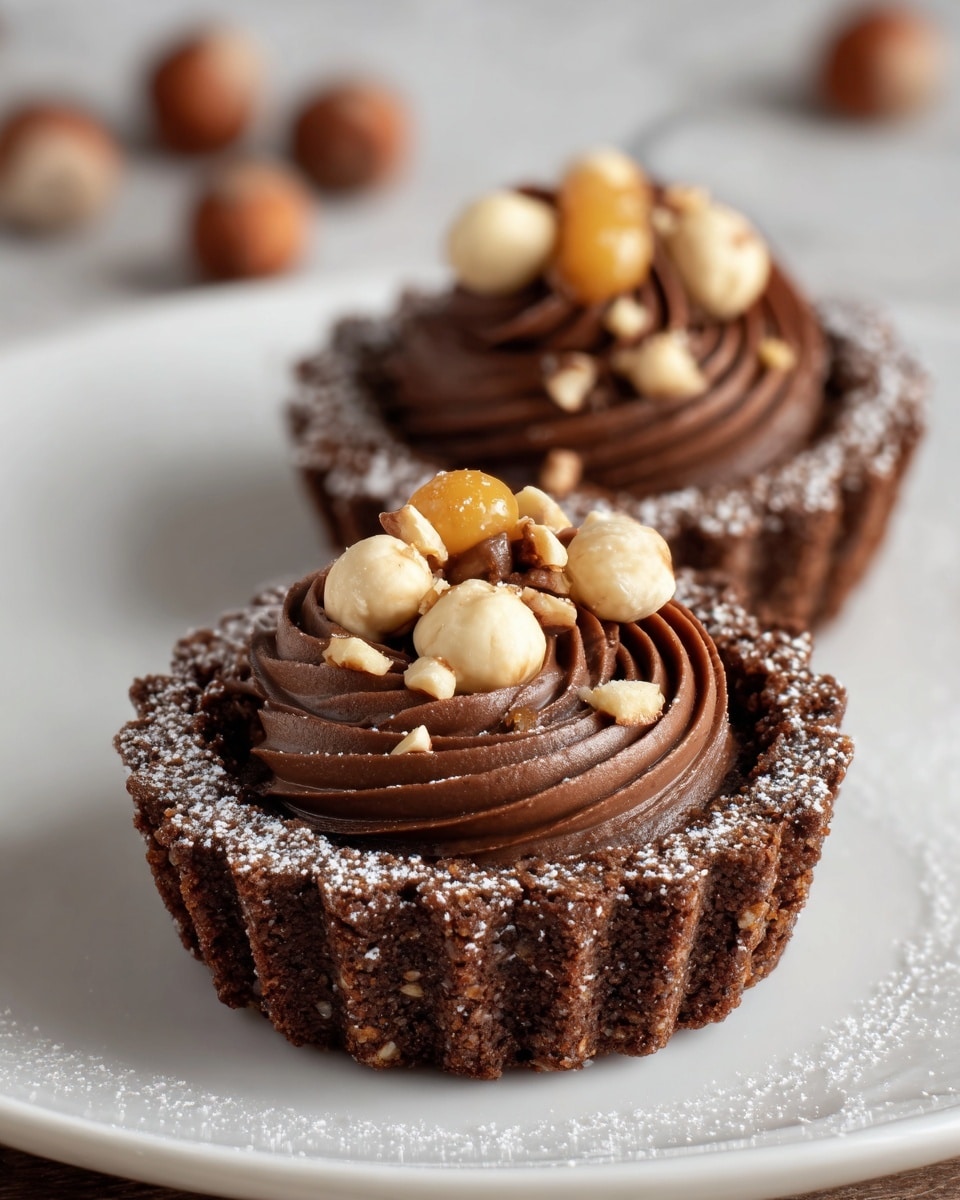 The image shows a small tart with three visible layers: the bottom layer is a dark brown crumbly crust with a rough texture, almost like crushed cookies, shaped in a fluted round tart shell; inside it is a smooth, shiny layer of swirled chocolate cream, dark brown and glossy, placed neatly in a spiral pattern; the top is decorated with whole and halved hazelnuts, light tan in color, sprinkled with small broken nut pieces, and a dusting of white powdered sugar framing the edge of the tart shell. The tart is placed on a white plate with a smooth surface, set against a white marbled textured background. Photo taken with an iphone --ar 4:5 --v 7