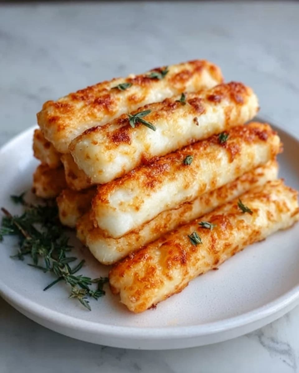 The image shows a white plate with six golden-brown cheese sticks arranged in a neat stack, each stick having a slightly crispy and bubbly texture on the outside. Small green sprigs of herbs are placed on top for decoration. The plate sits on a white marbled surface, creating a clean and bright background. Photo taken with an iphone --ar 4:5 --v 7
